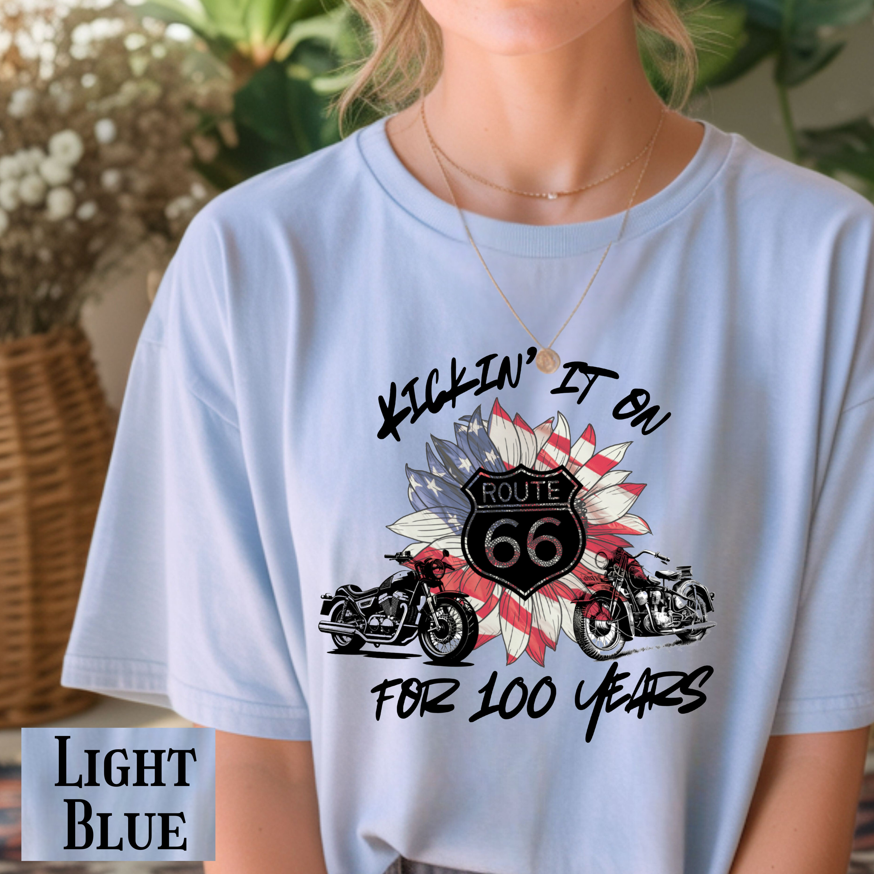 Route 66 Motorcycle T‑Shirt – "Kickin' It On Route 66 for 100 Years" Vintage American Flag Design product thumbnail image Route 66 Motorcycle T‑Shirt – "Kickin' It On Route 66 for 100 Years" Vintage American Flag Design product thumbnail image