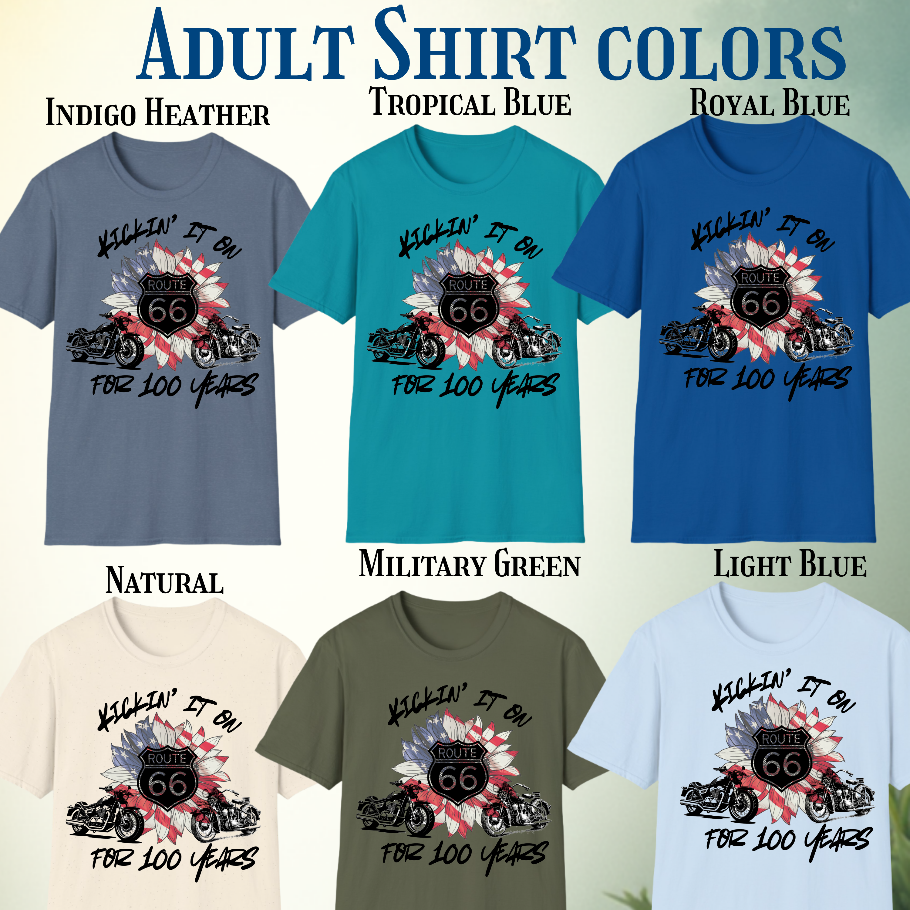 Route 66 Motorcycle T‑Shirt – "Kickin' It On Route 66 for 100 Years" Vintage American Flag Design product thumbnail image