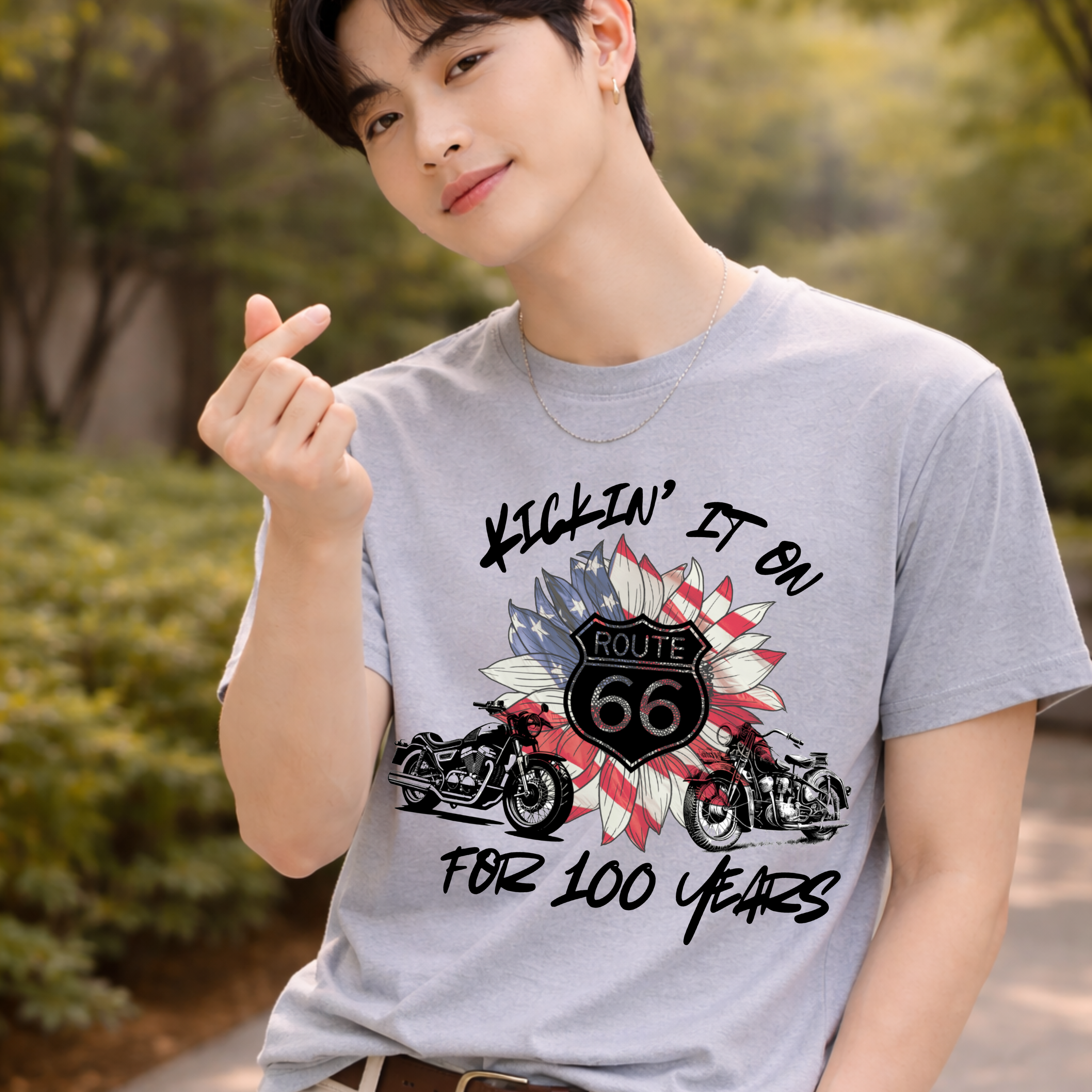 Route 66 Motorcycle T‑Shirt – "Kickin' It On Route 66 for 100 Years" Vintage American Flag Design product thumbnail image