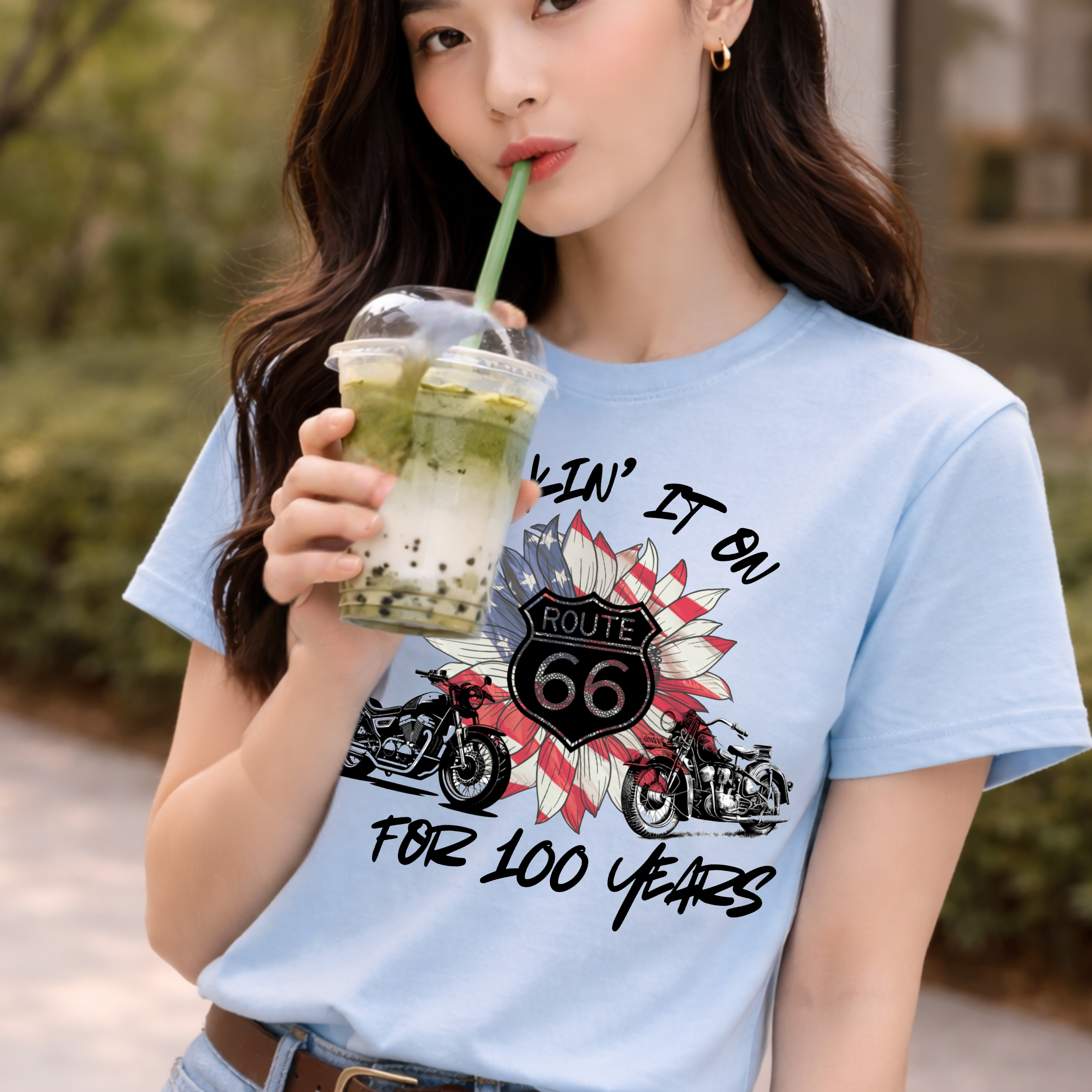 Route 66 Motorcycle T‑Shirt – "Kickin' It On Route 66 for 100 Years" Vintage American Flag Design product thumbnail image Route 66 Motorcycle T‑Shirt – "Kickin' It On Route 66 for 100 Years" Vintage American Flag Design product thumbnail image