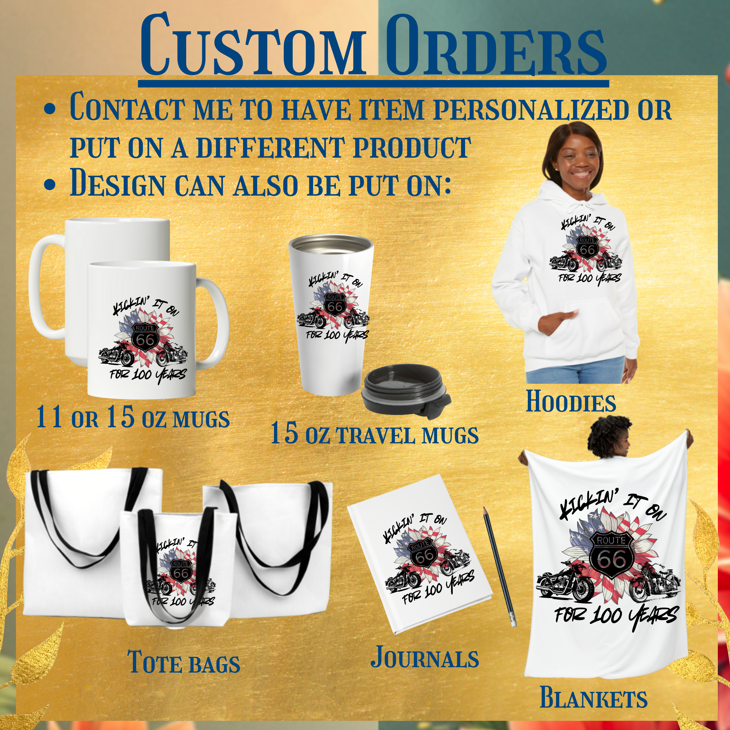 Route 66 Motorcycle T‑Shirt – "Kickin' It On Route 66 for 100 Years" Vintage American Flag Design product thumbnail image