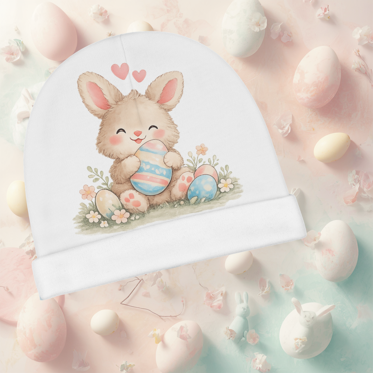 Easter Bunny Baby Beanie – Cute Pastel Bunny with Easter Eggs Newborn Hat product thumbnail image