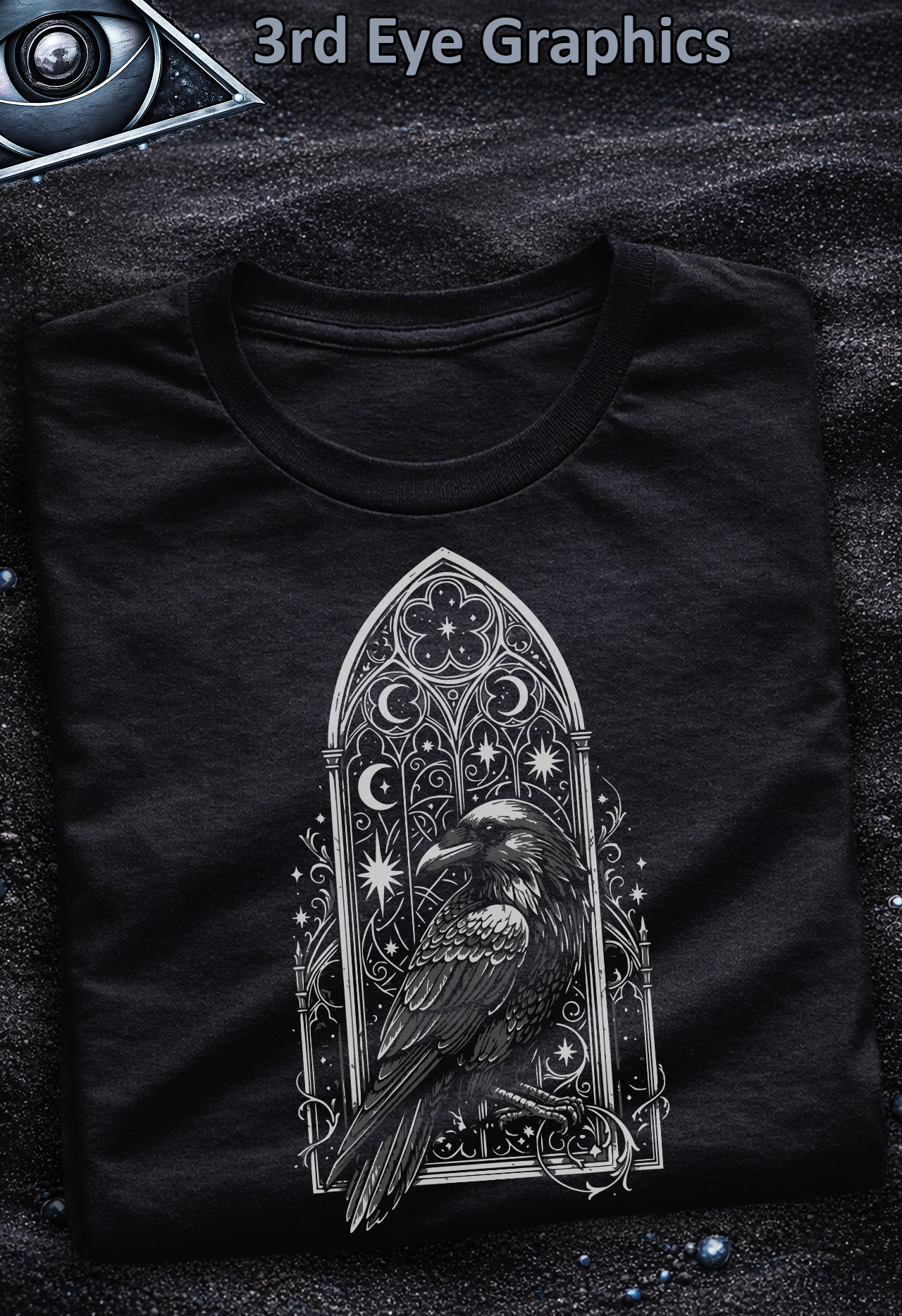 Gothic Raven Victorian Window Occult Graphic T-Shirt // Front Print Grey