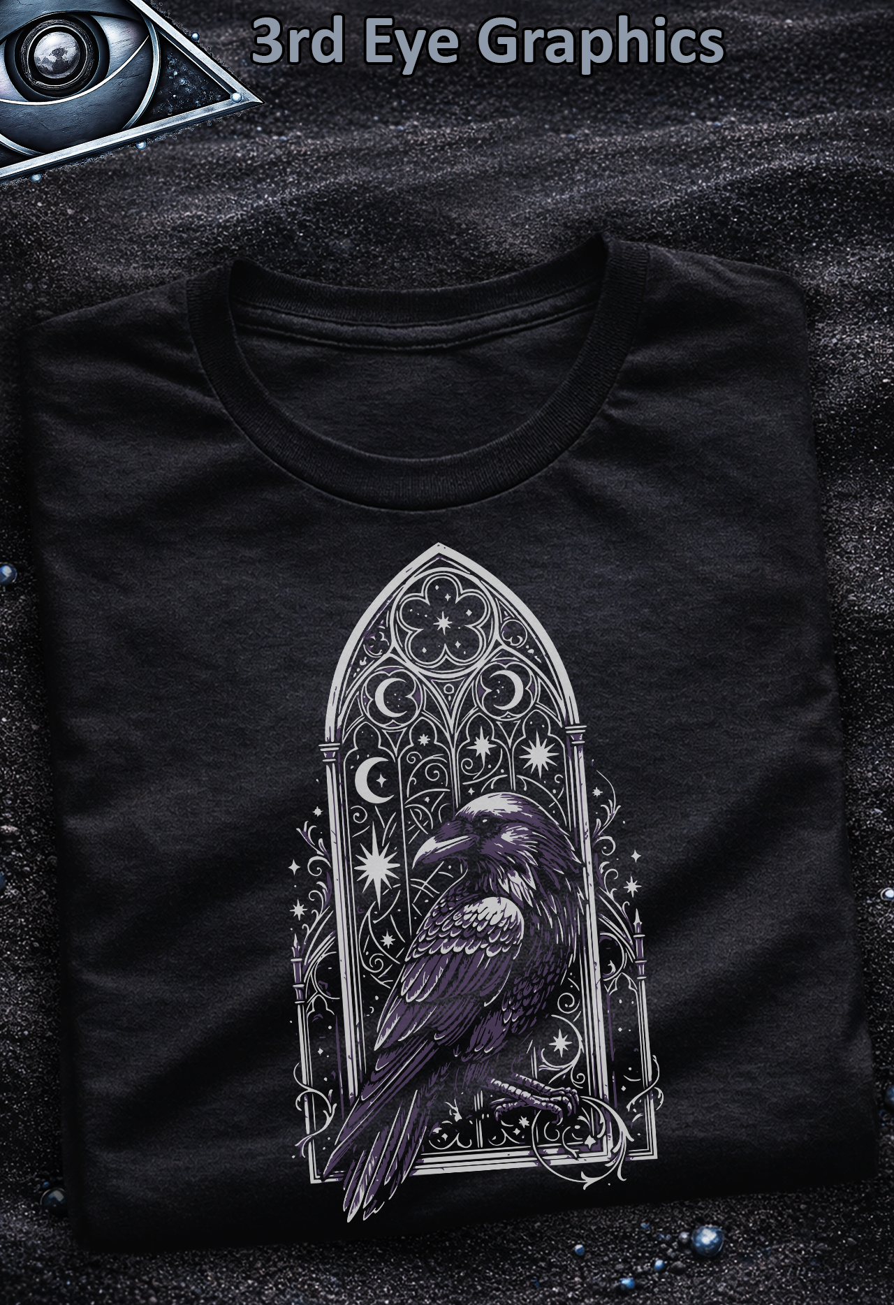 Gothic Raven Victorian Window Occult Graphic T-Shirt // Front Print Purple