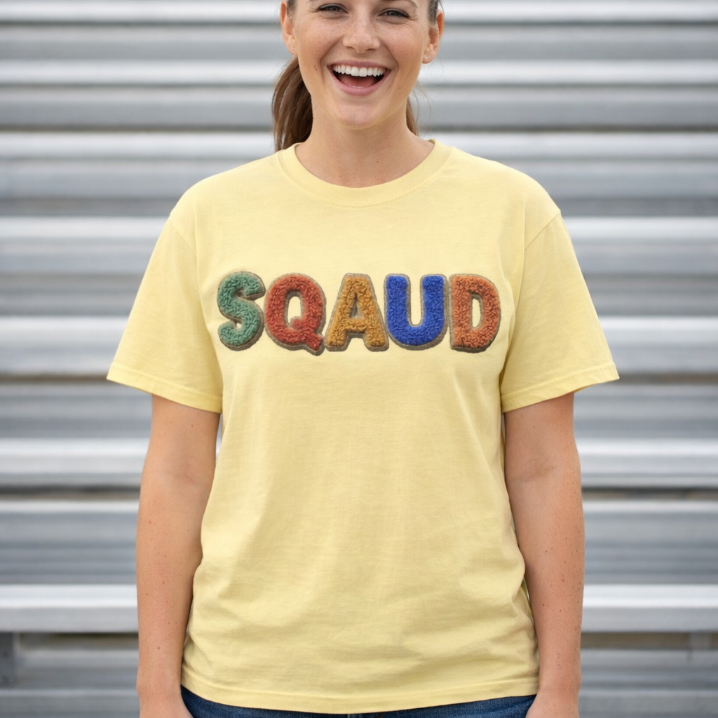SQAUD Plush-Look Graphic T-Shirt — Cozy Retro Lettering Tee product thumbnail image SQAUD Plush-Look Graphic T-Shirt — Cozy Retro Lettering Tee product thumbnail image