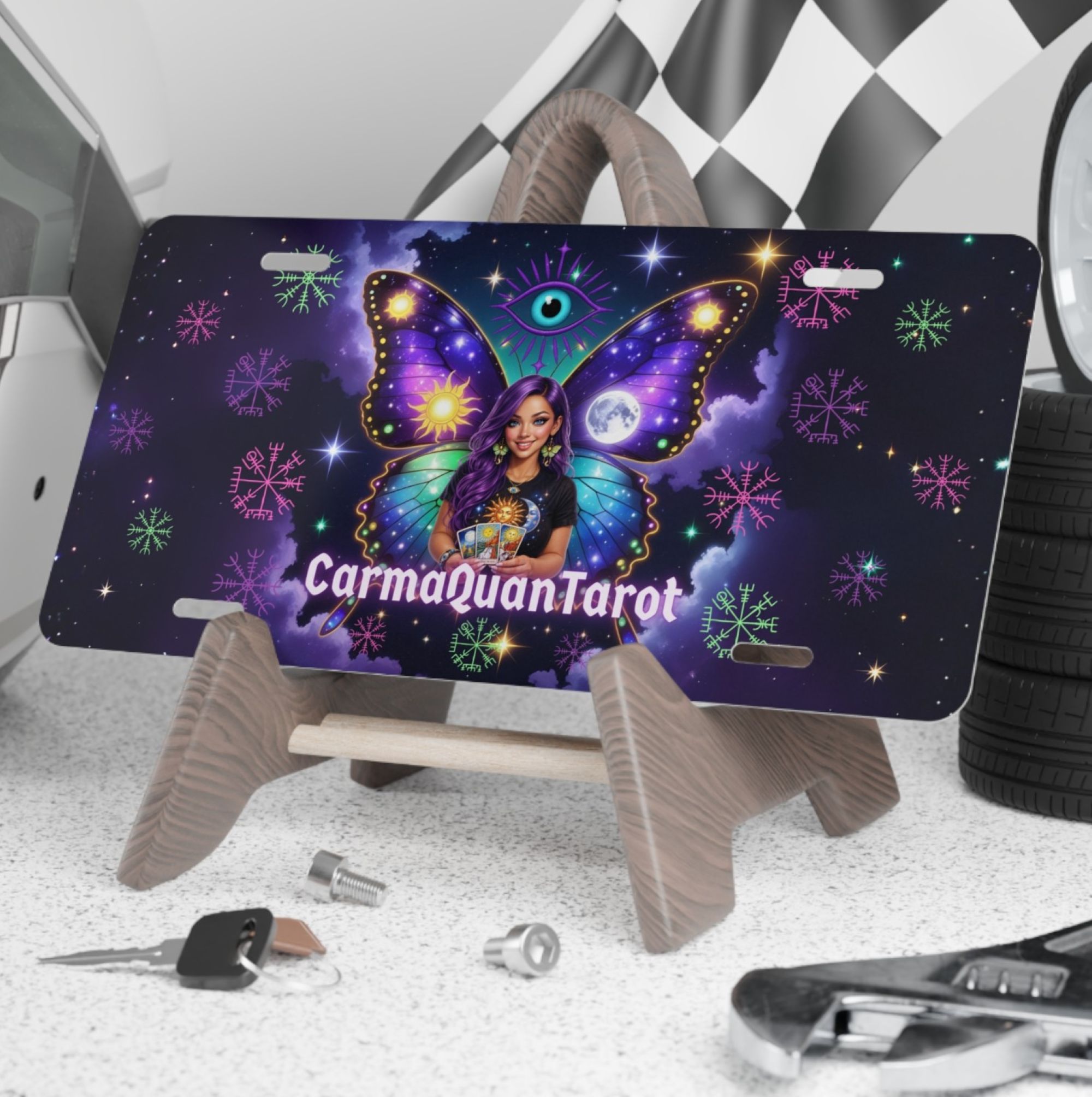 Mystic Butterfly Evil Eye Protection Vanity Plate — CarmaQuanTarot &amp; Hekate the Goddess of Magic, Guardian of Keys Pup License Plate product thumbnail image