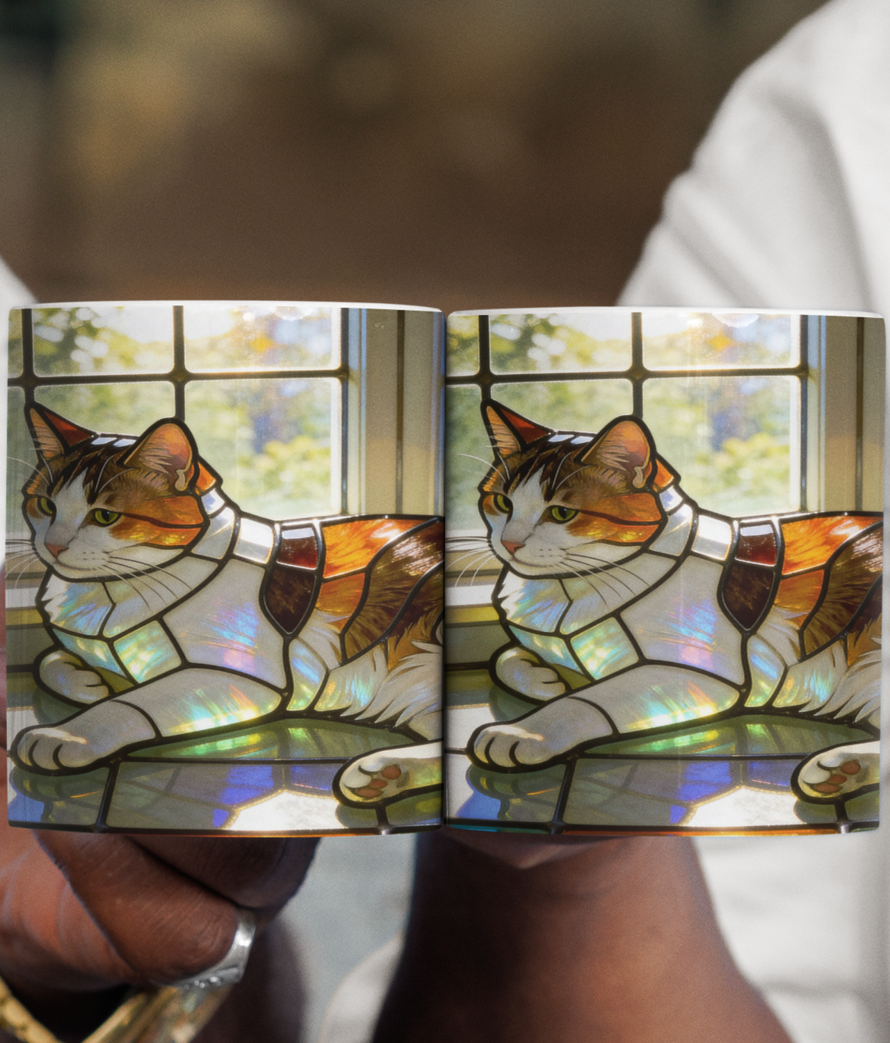 "Stained-Glass 3D-Effect" | Samantha Mae Calico Cat Ceramic Mug (11oz &amp; 15oz) | Cat Lovers Coffee and Tea Ceramic Cup | Sunny Kitty Relaxation Art Graphic