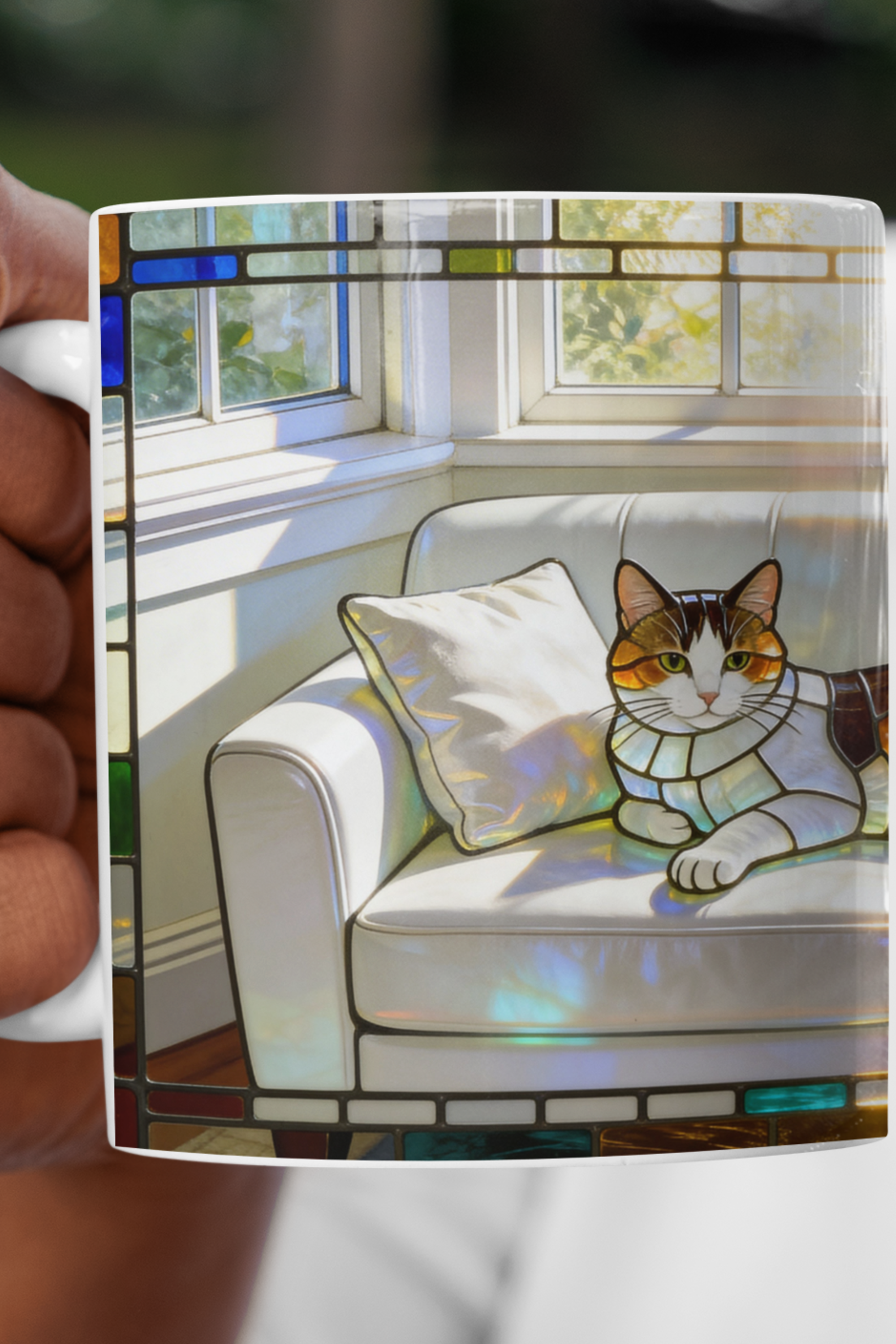 "Stained-Glass 3D-Effect" Samantha Mae Calico Cat Ceramic Mug (11oz &amp; 15oz) | Cat Lovers Coffee and Tea Ceramic Cup | Relaxation Zen Kitty Art Graphic