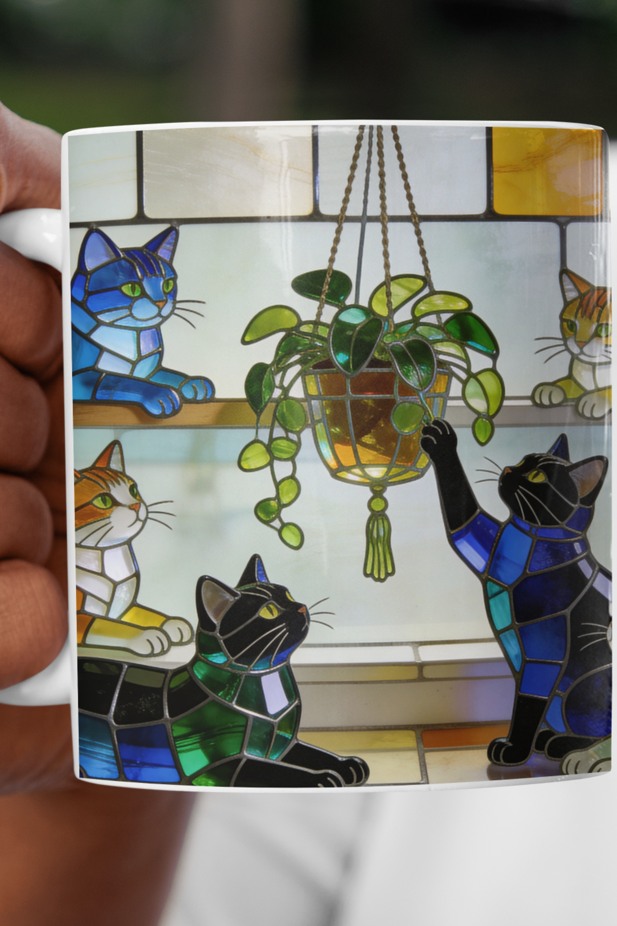 "Stained-Glass 3D-Effect" Cats Ceramic Mug | Colorful Window Cat Art Coffee and Tea Cup (11oz &amp; 15oz) | Cute Playful Kitties Graphic Design