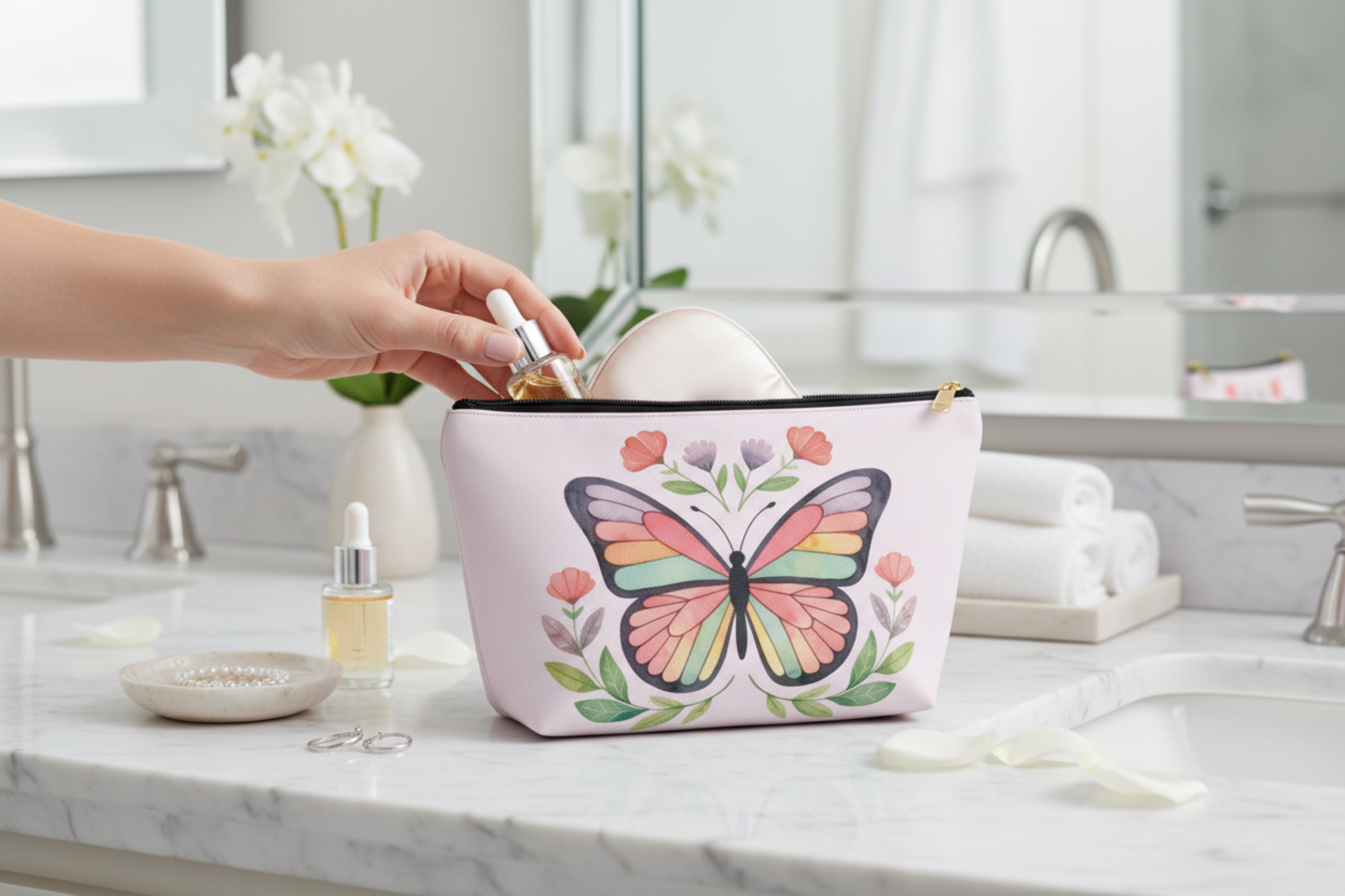 Butterfly Floral Accessory Pouch — Rainbow Butterfly Makeup Bag with T‑Bottom product thumbnail image Butterfly Floral Accessory Pouch — Rainbow Butterfly Makeup Bag with T‑Bottom product thumbnail image