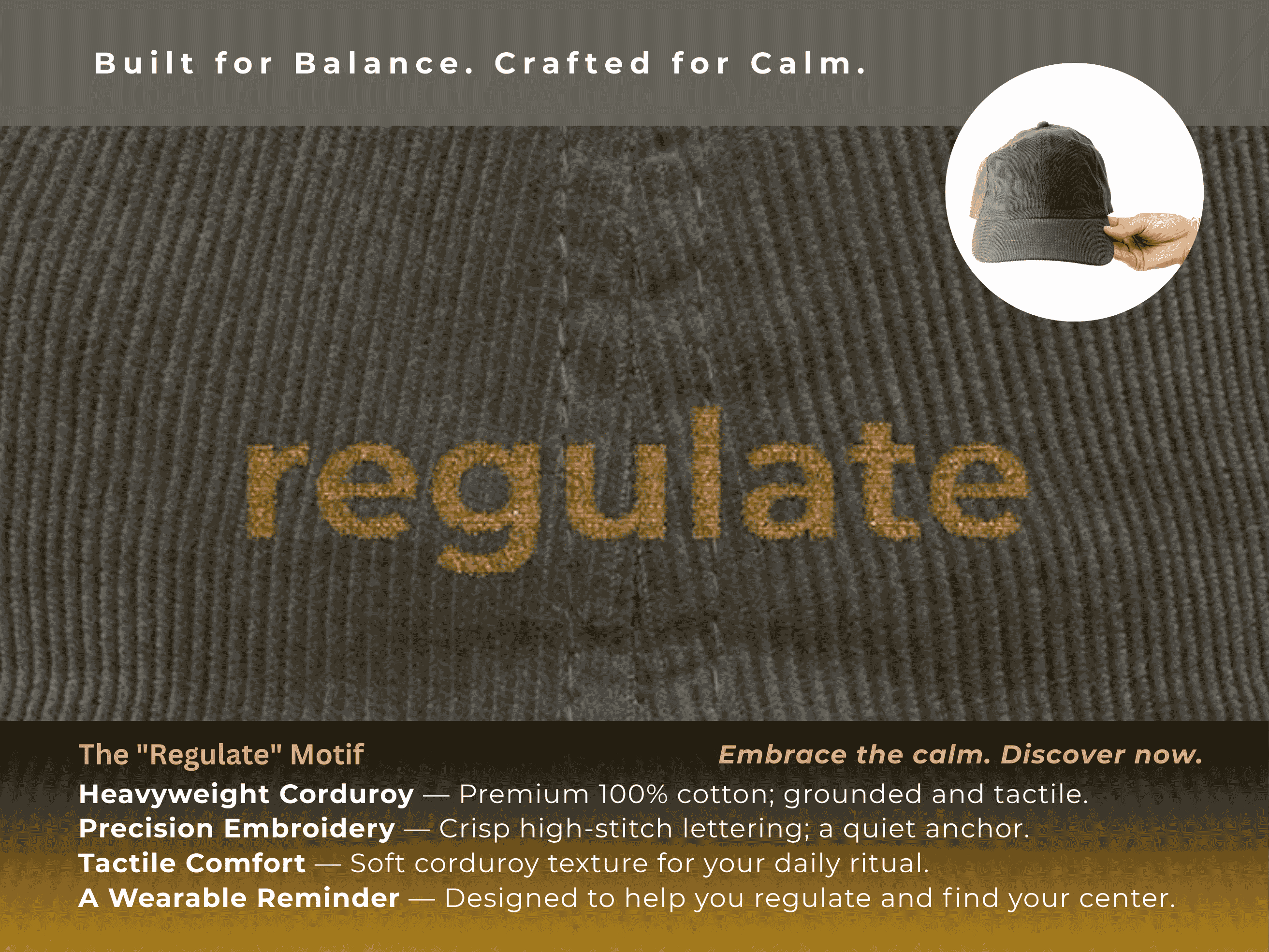 Regulate Corduroy Mental Health Hat, Somatic Wellness, Mindfulness, Vagus Nerve Gift, Aesthetic Streetwear, Retro Dad Cap product thumbnail image