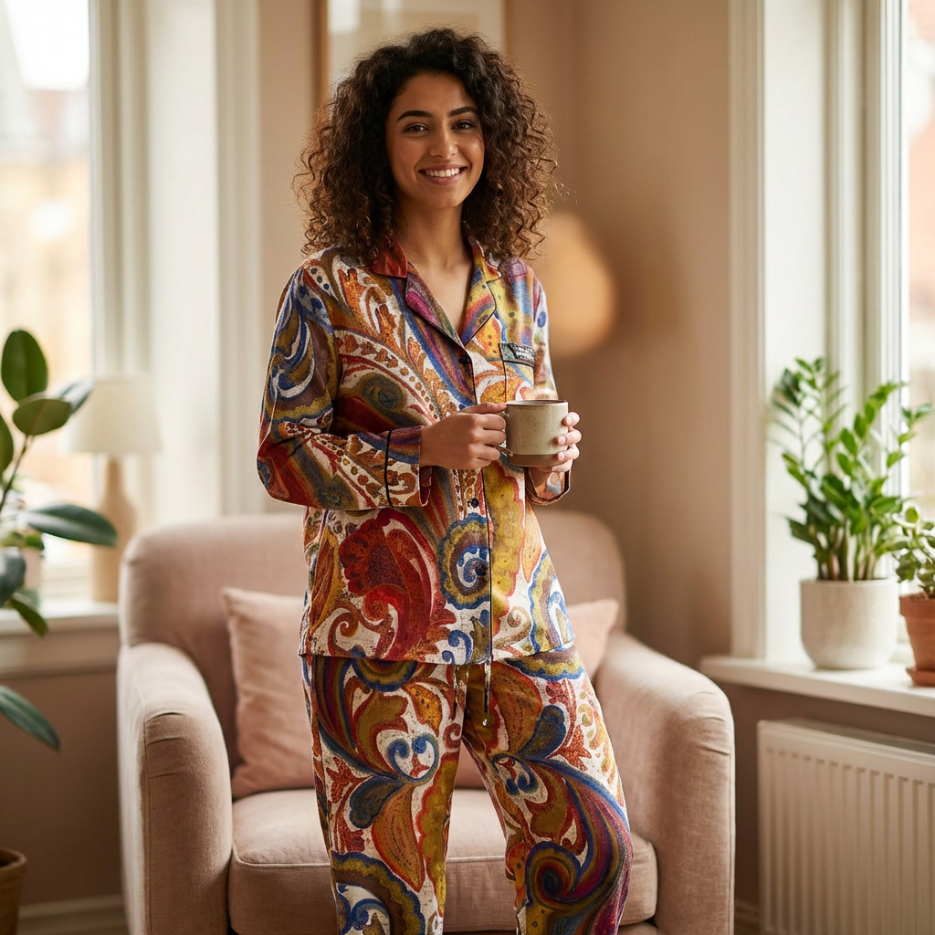 Luxury Satin Pajama Set — Designer 'Bali' Art Print Pajamas by Tiffany Marie Luke product thumbnail image