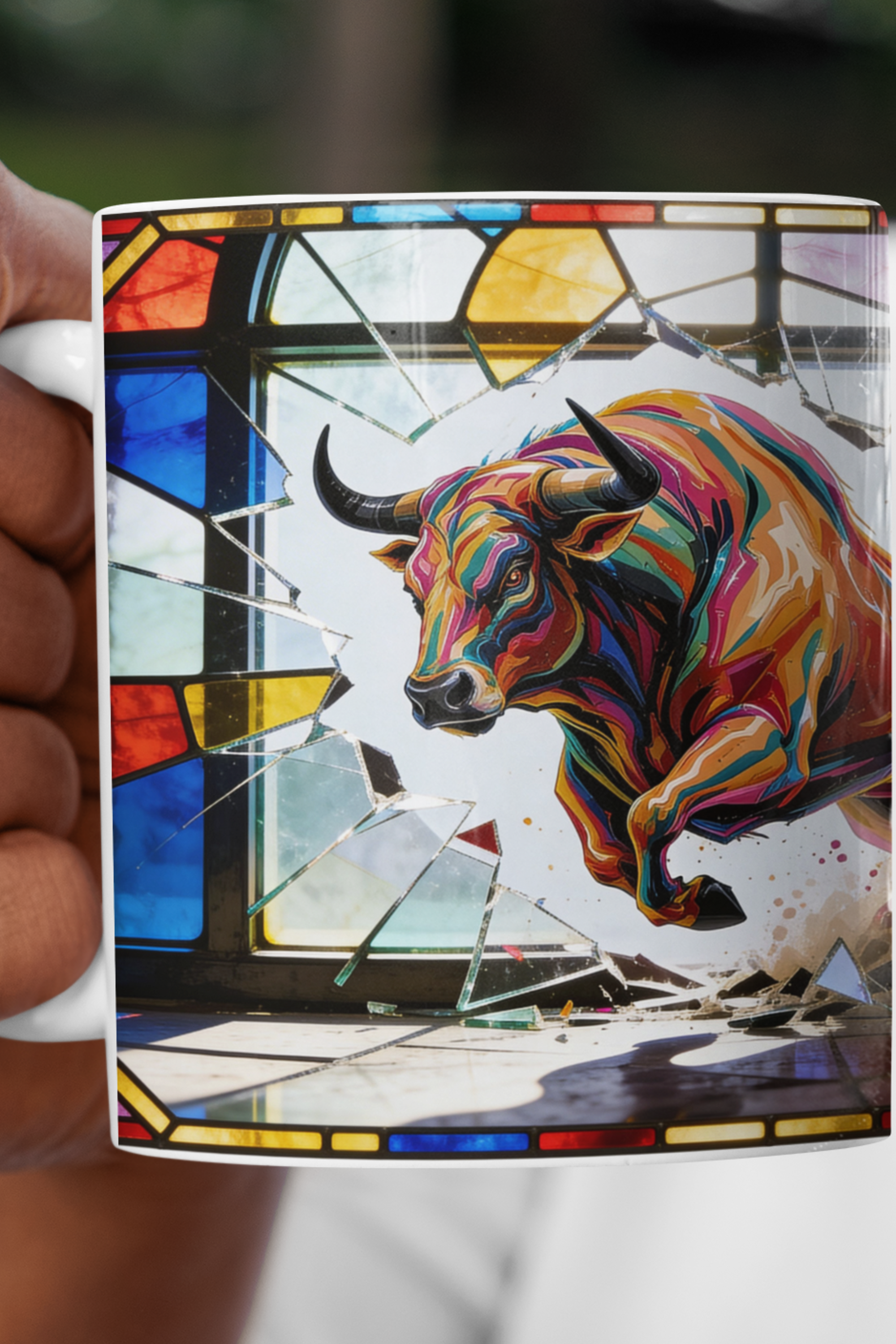 "Stained-Glass 3D-Effect" | Charging Marbled Bull Art Ceramic Mug | Colorful Running Bull Breaking Glass Coffee and Tea Cup (11oz, 15oz) | Taurus Horoscope Zodiac Vibes
