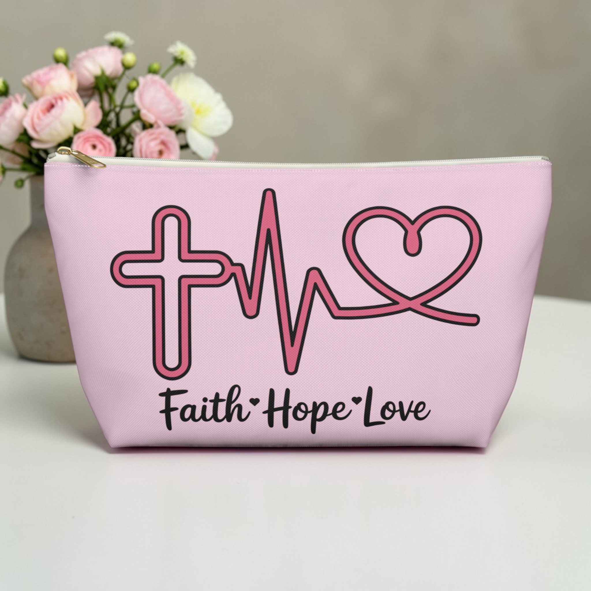 Faith Hope Love Accessory Pouch — Pink Inspirational Makeup Bag