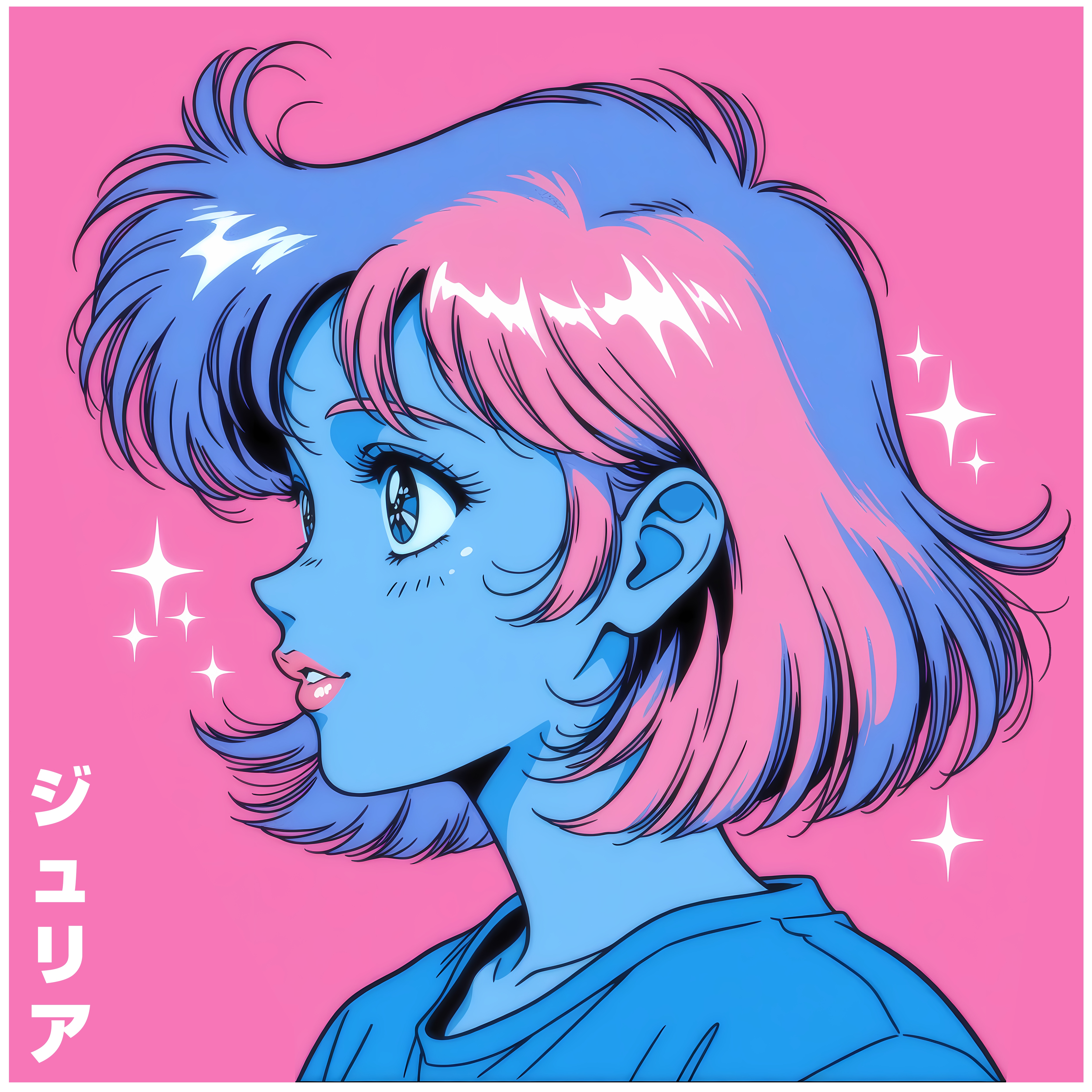 Retro Anime Profile T-Shirt — Julia Pink &amp; Blue Kawaii Portrait product thumbnail image