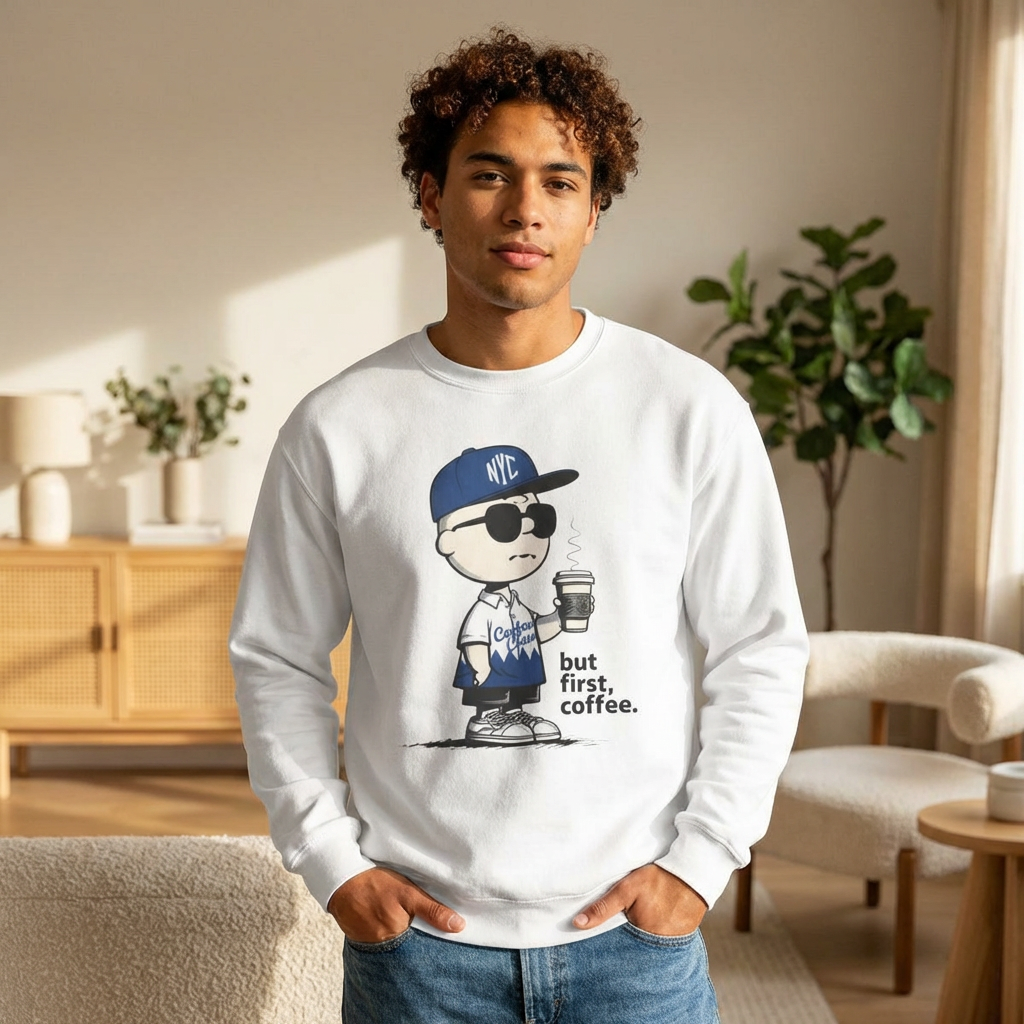 Charlie + Coffee Crewneck Sweatshirt — "but first, coffee." product thumbnail image
