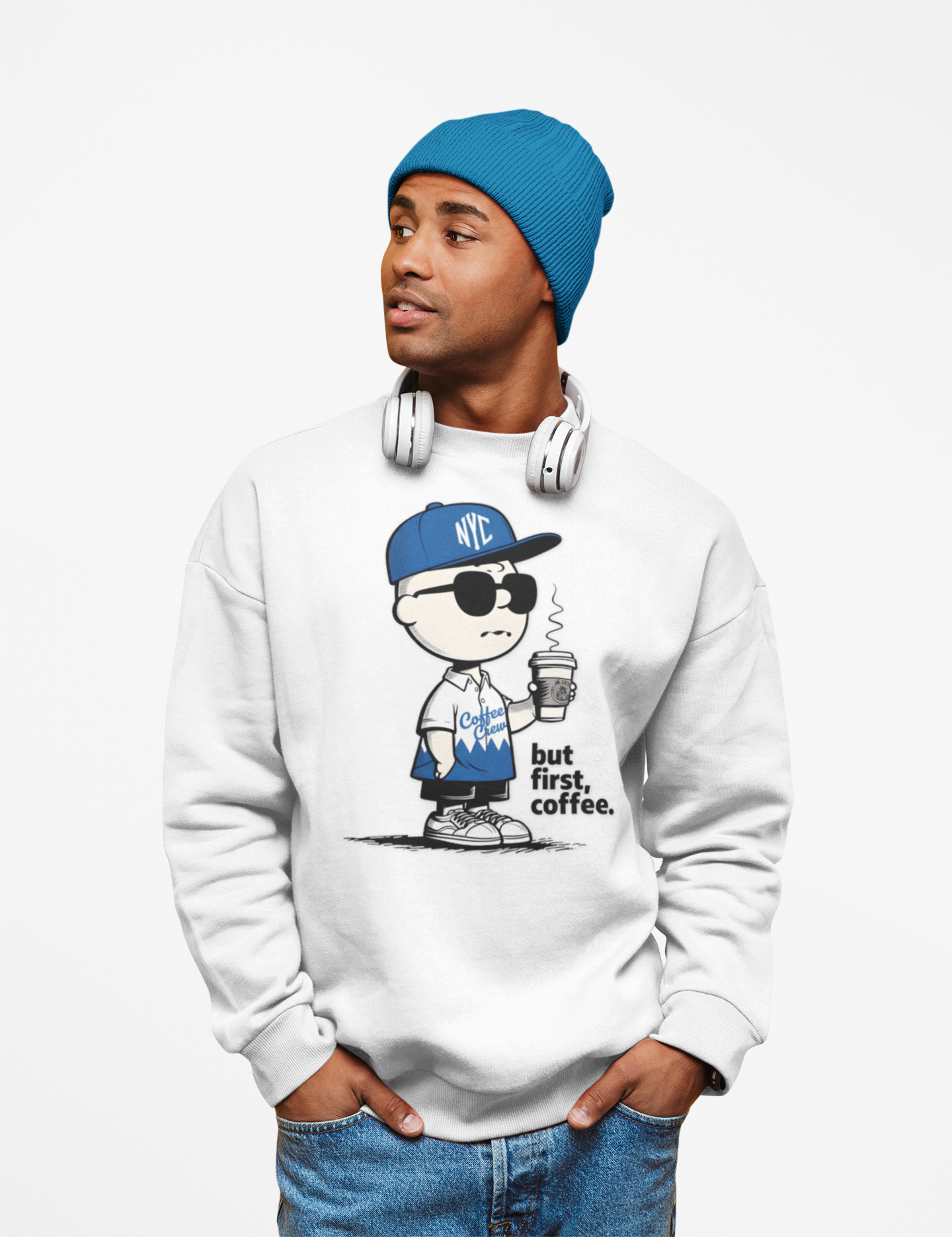 Charlie + Coffee Crewneck Sweatshirt — "but first, coffee." product thumbnail image Charlie + Coffee Crewneck Sweatshirt — "but first, coffee." product thumbnail image