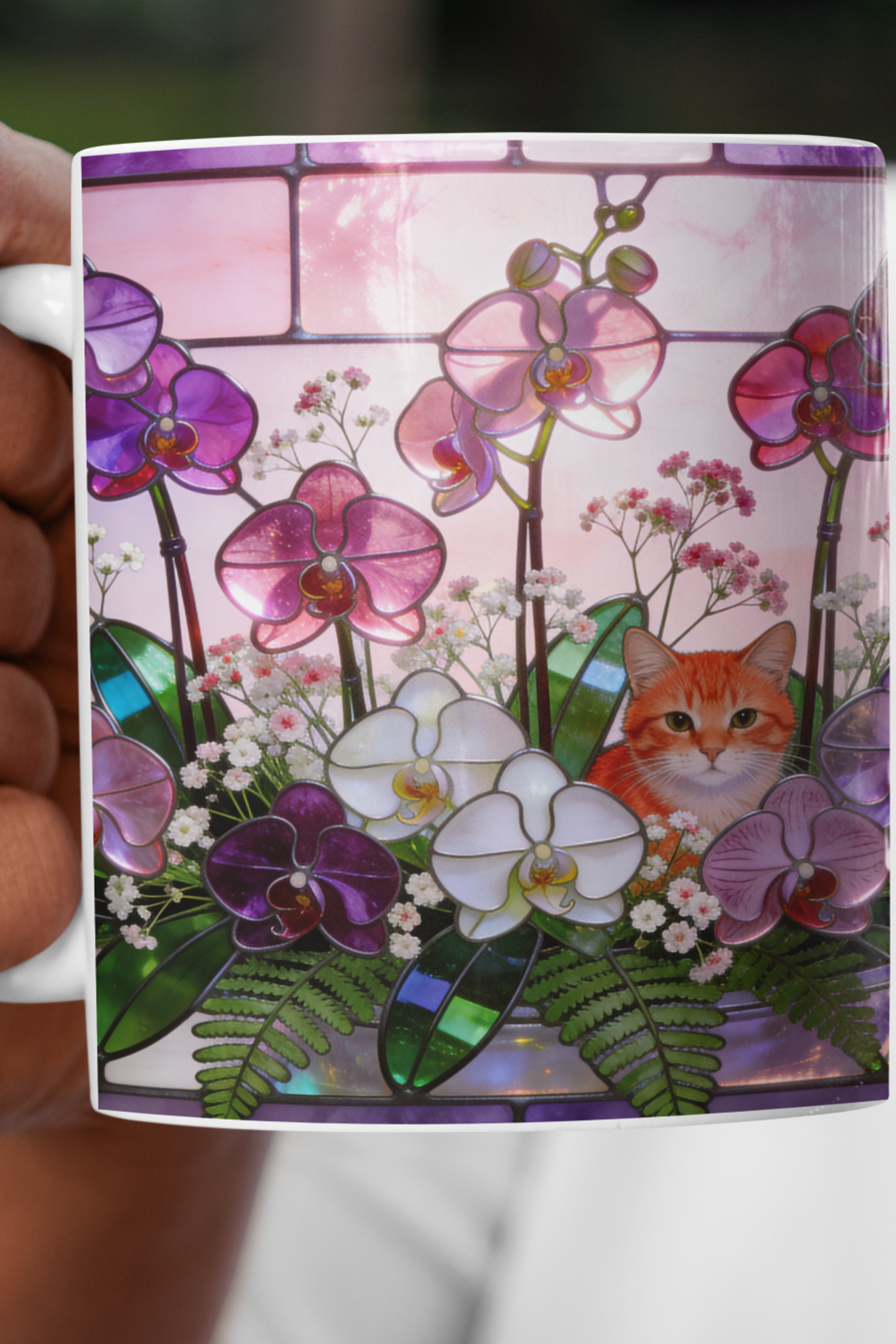 "Stained-Glass 3D-Effect" Floral Orchid &amp; Peeking Cat Ginger Ceramic Mug (11oz, 15oz) | Cute Orange Tabby Cat | Cat Lovers Coffee and Tea Cup