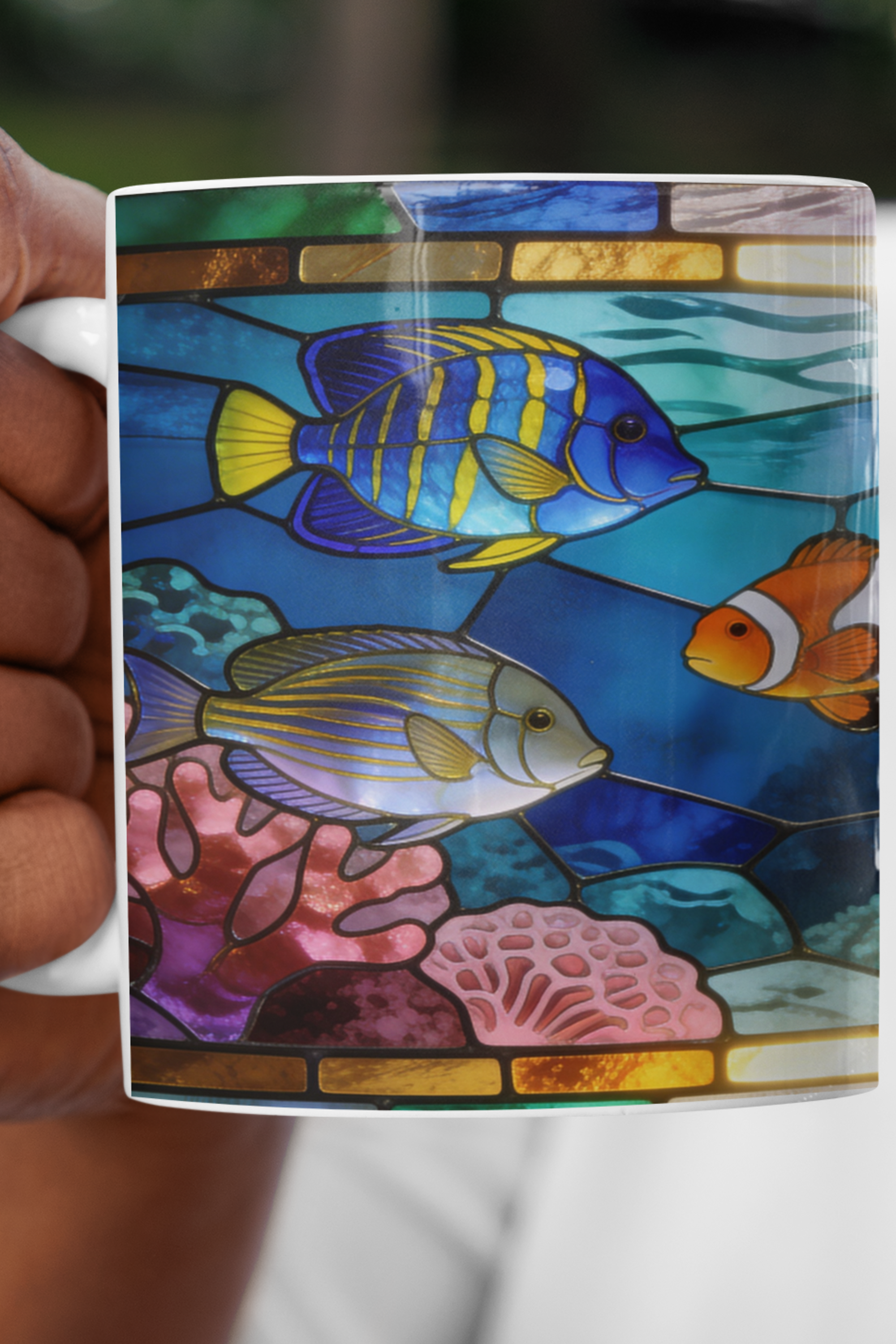 "Stained-Glass 3D-Effect" Colorful Ocean Fish Ceramic Mug | Saltwater Fish with Clownfish &amp; Tropical Reef Coffee and Tea Cup (11oz/15oz) | Coral Sea Tropical Graphic