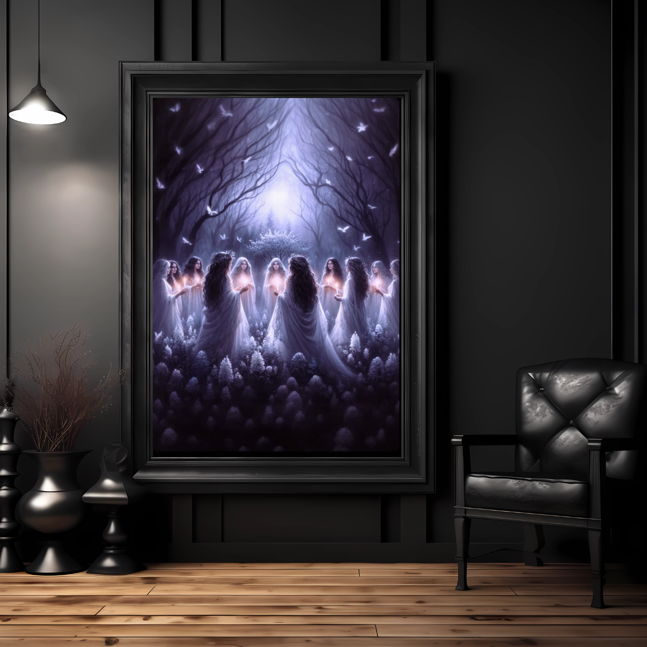 Sacred Circle of the Witches Poster Mystical Moonlit Ritual Women Gathering Fantasy Witch Wall Art Pagan Spiritual Decor Woodland Coven Art Print