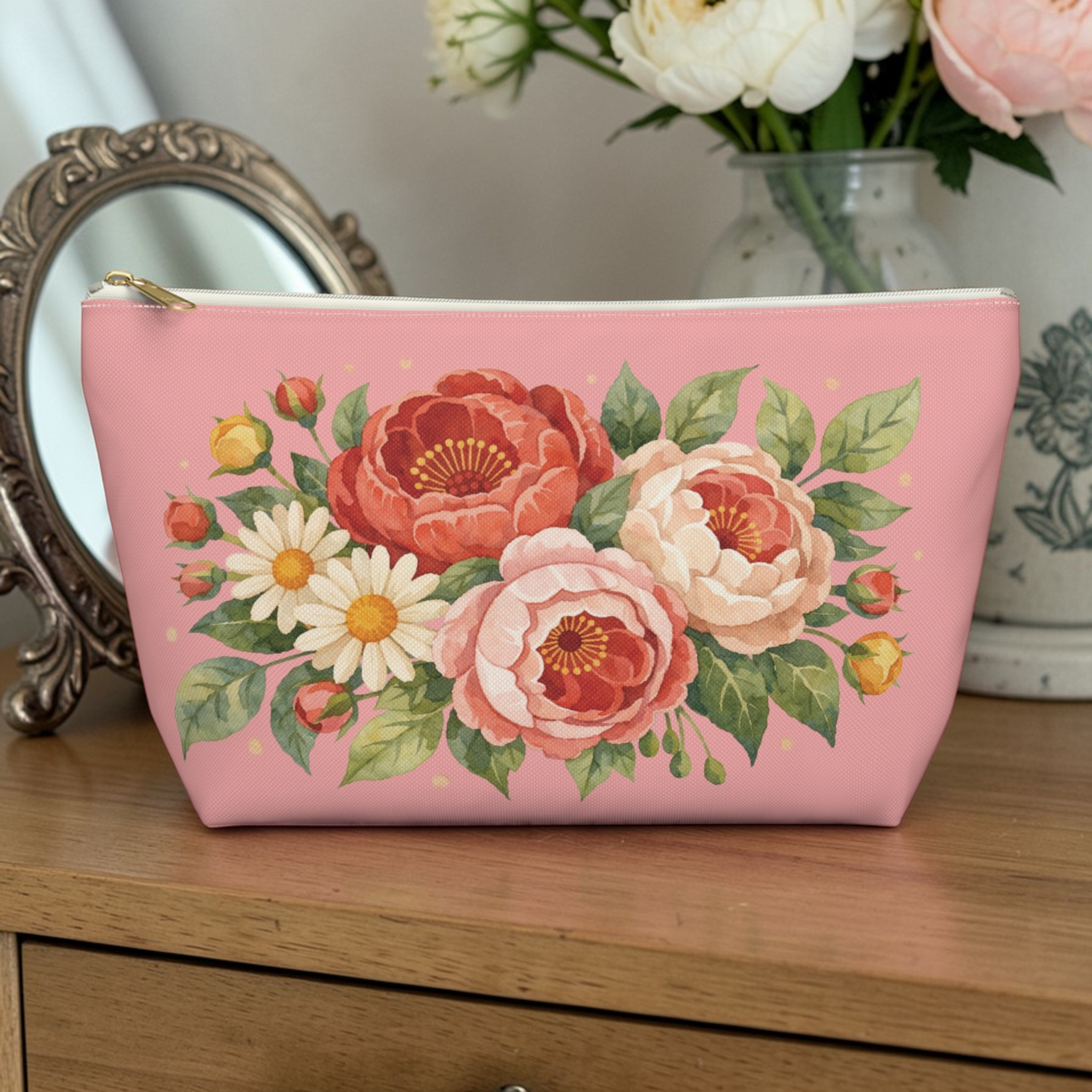 Floral Peony Accessory Pouch — Pink T-Bottom Makeup Bag