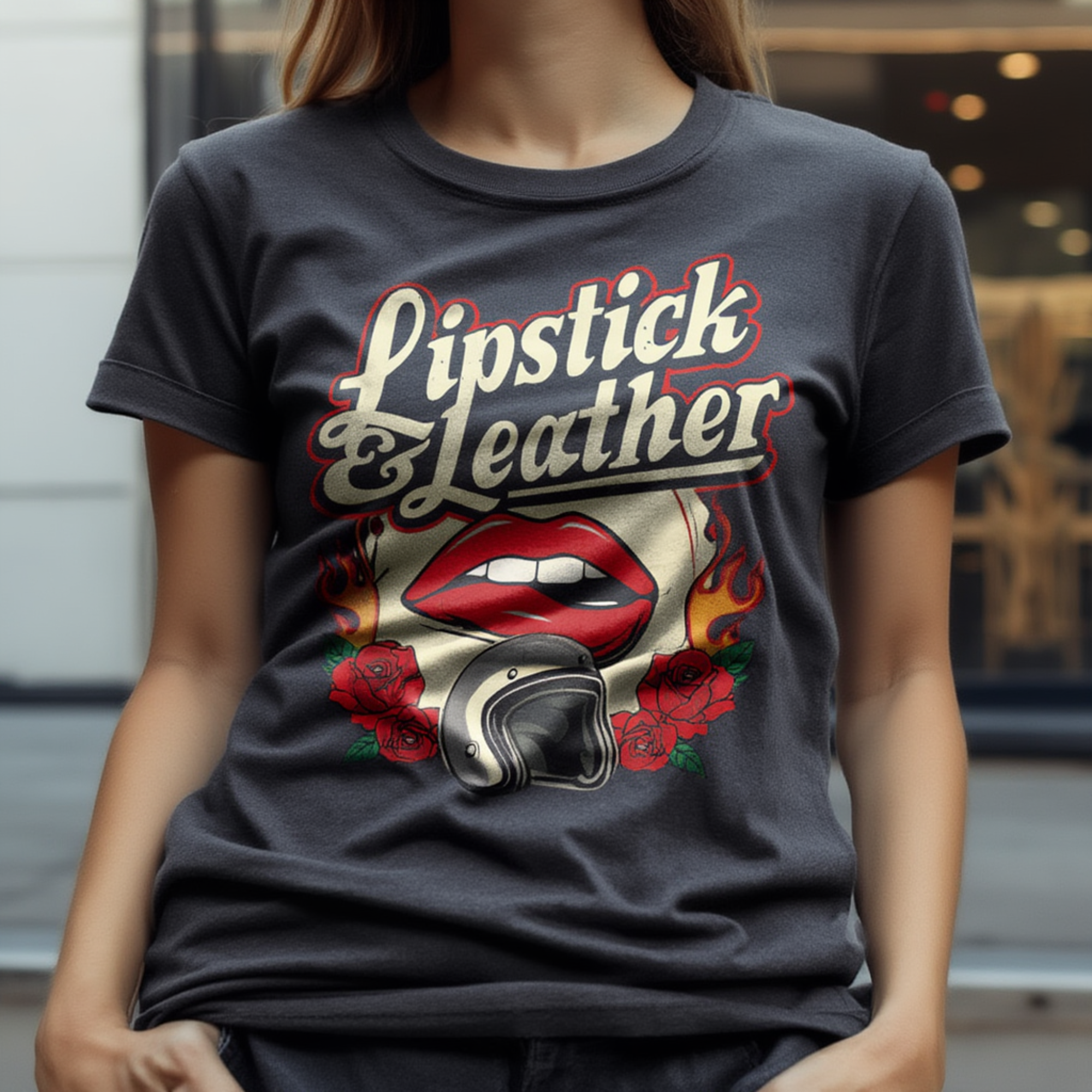Biker Girl Lipstick & Leather T-Shirt, Retro Biker Graphic, Rocker Roses And Helmet, Ladies Rally Tee product thumbnail image Biker Girl Lipstick & Leather T-Shirt, Retro Biker Graphic, Rocker Roses And Helmet, Ladies Rally Tee product thumbnail image