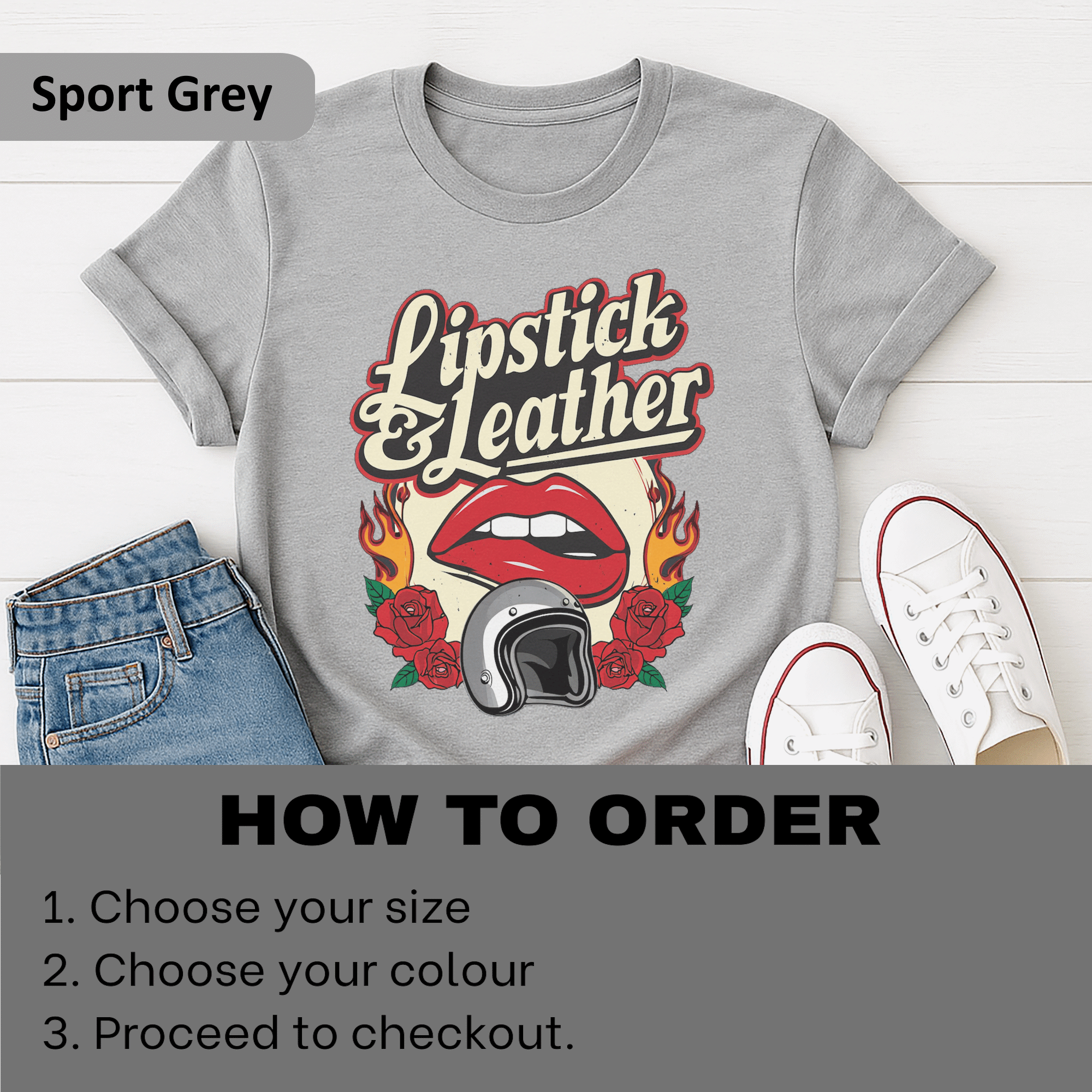 Biker Girl Lipstick &amp; Leather T-Shirt, Retro Biker Graphic, Rocker Roses And Helmet, Ladies Rally Tee  product thumbnail image