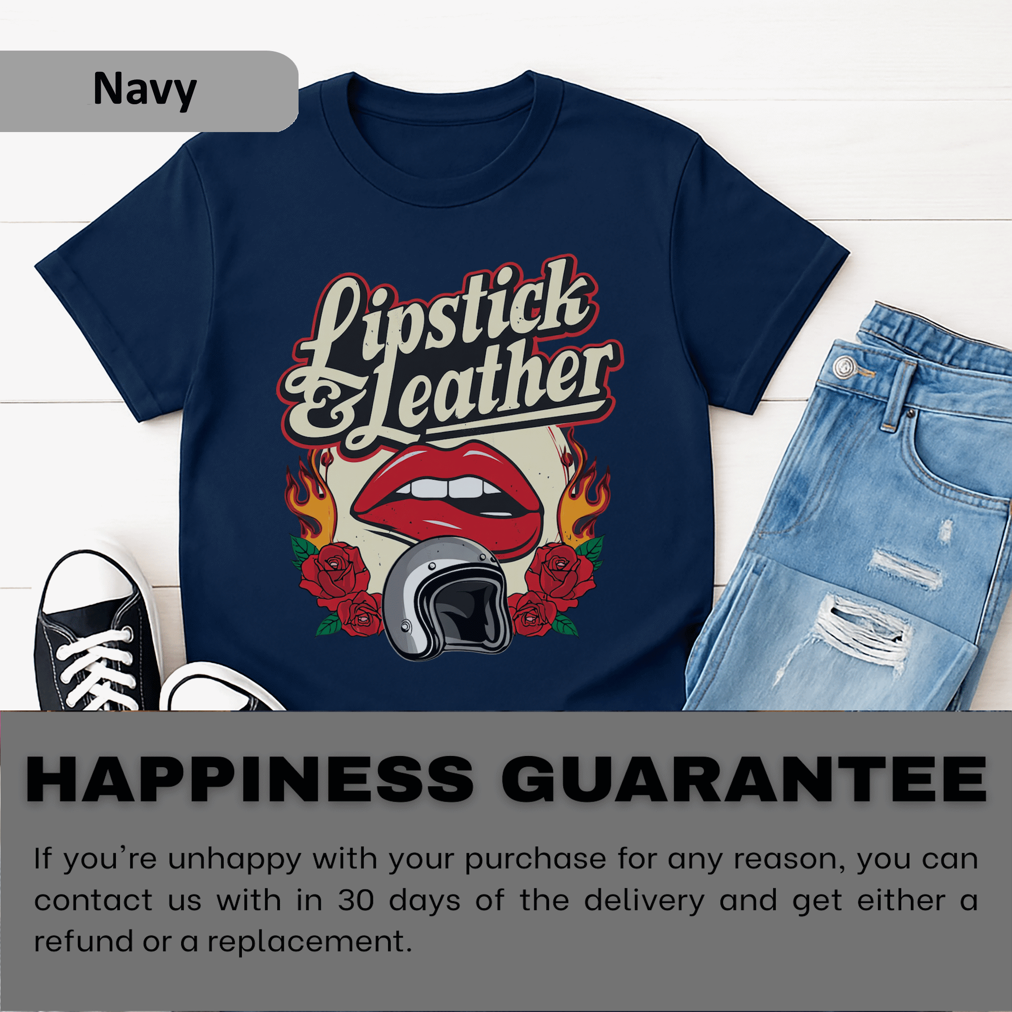 Biker Girl Lipstick &amp; Leather T-Shirt, Retro Biker Graphic, Rocker Roses And Helmet, Ladies Rally Tee  product thumbnail image