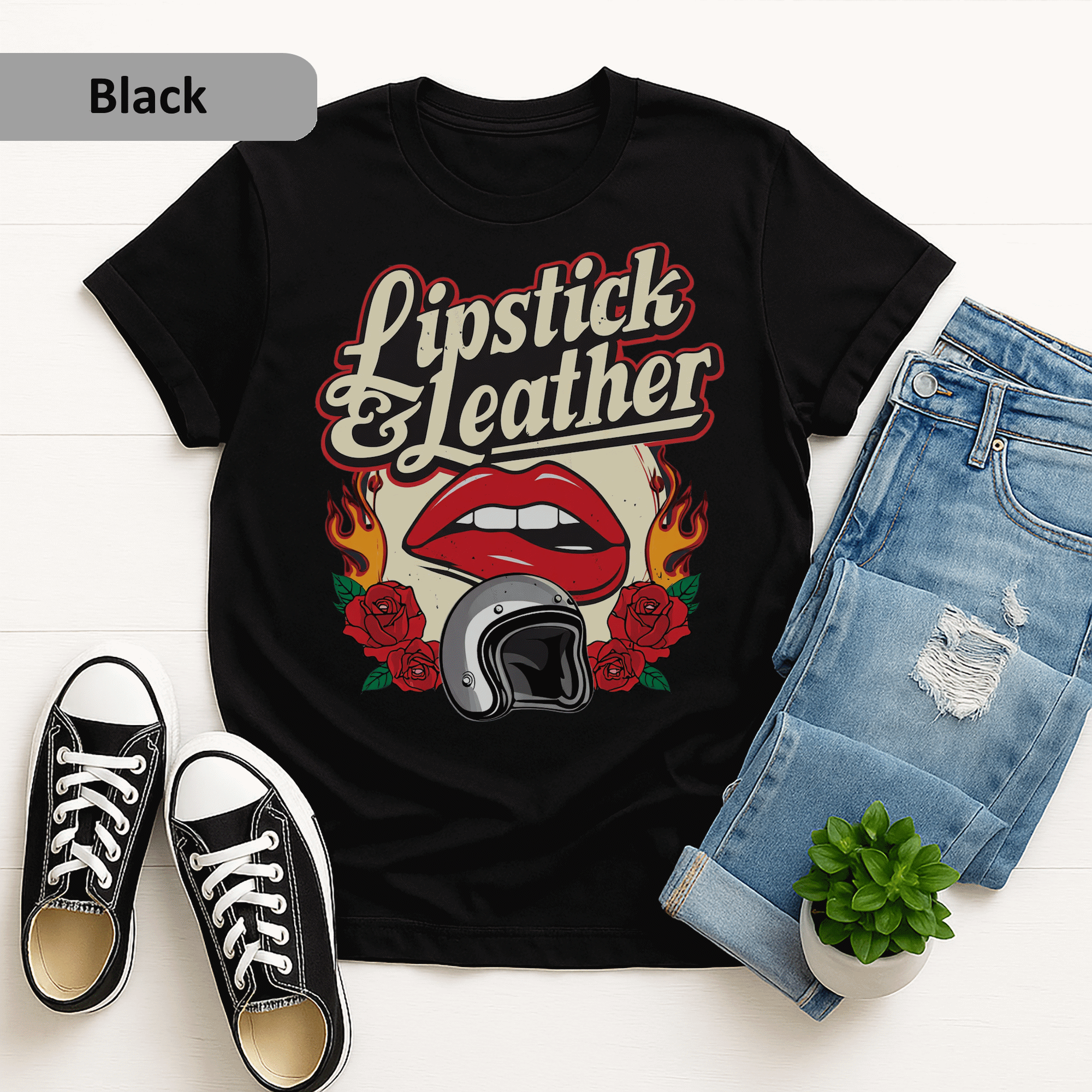 Biker Girl Lipstick & Leather T-Shirt, Retro Biker Graphic, Rocker Roses And Helmet, Ladies Rally Tee product thumbnail image Biker Girl Lipstick & Leather T-Shirt, Retro Biker Graphic, Rocker Roses And Helmet, Ladies Rally Tee product thumbnail image