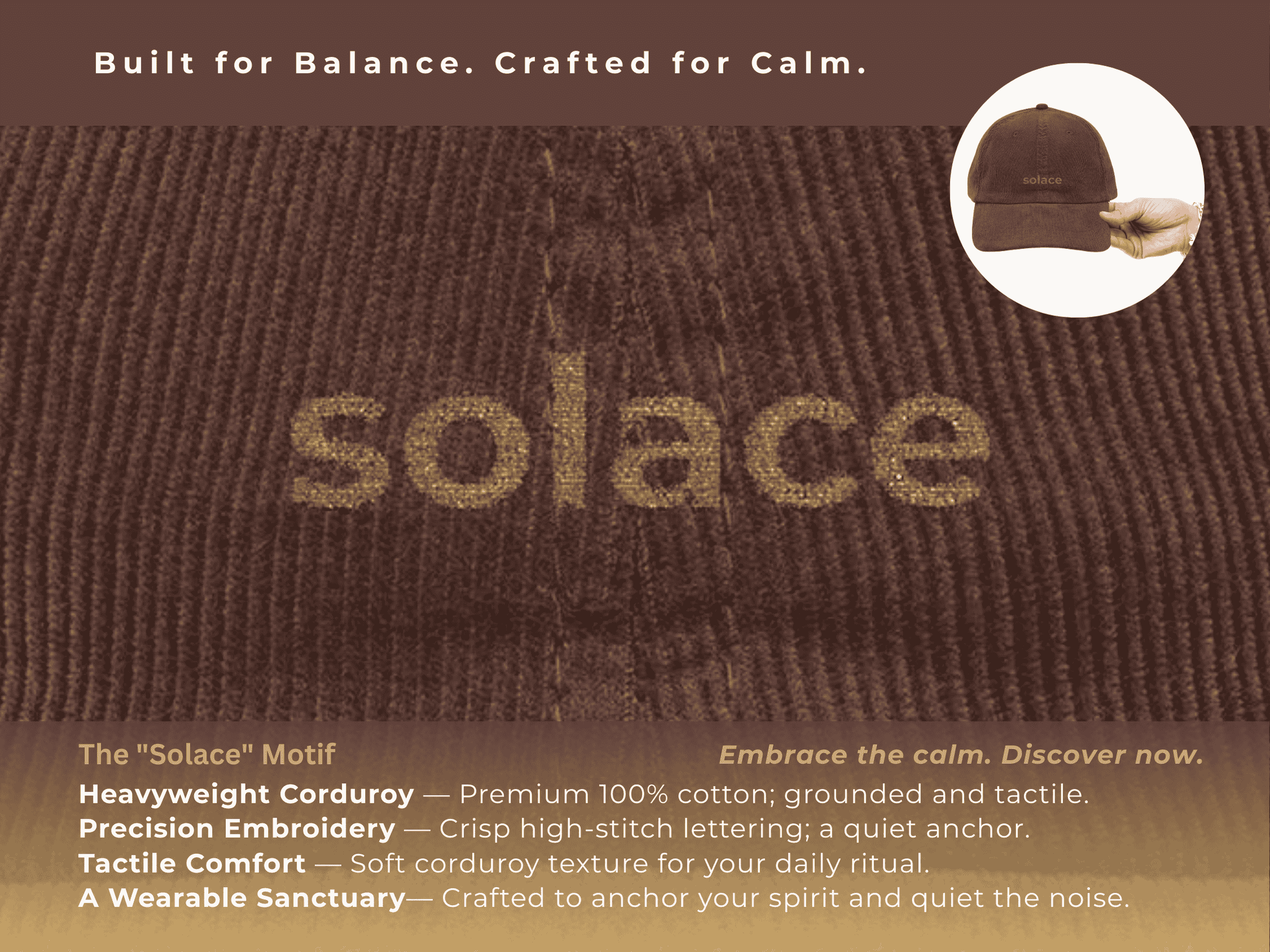 Solace Corduroy Mental Health Hat, Somatic Wellness, Mindfulness, Vagus Nerve Gift, Aesthetic Streetwear, Retro Dad Cap product thumbnail image