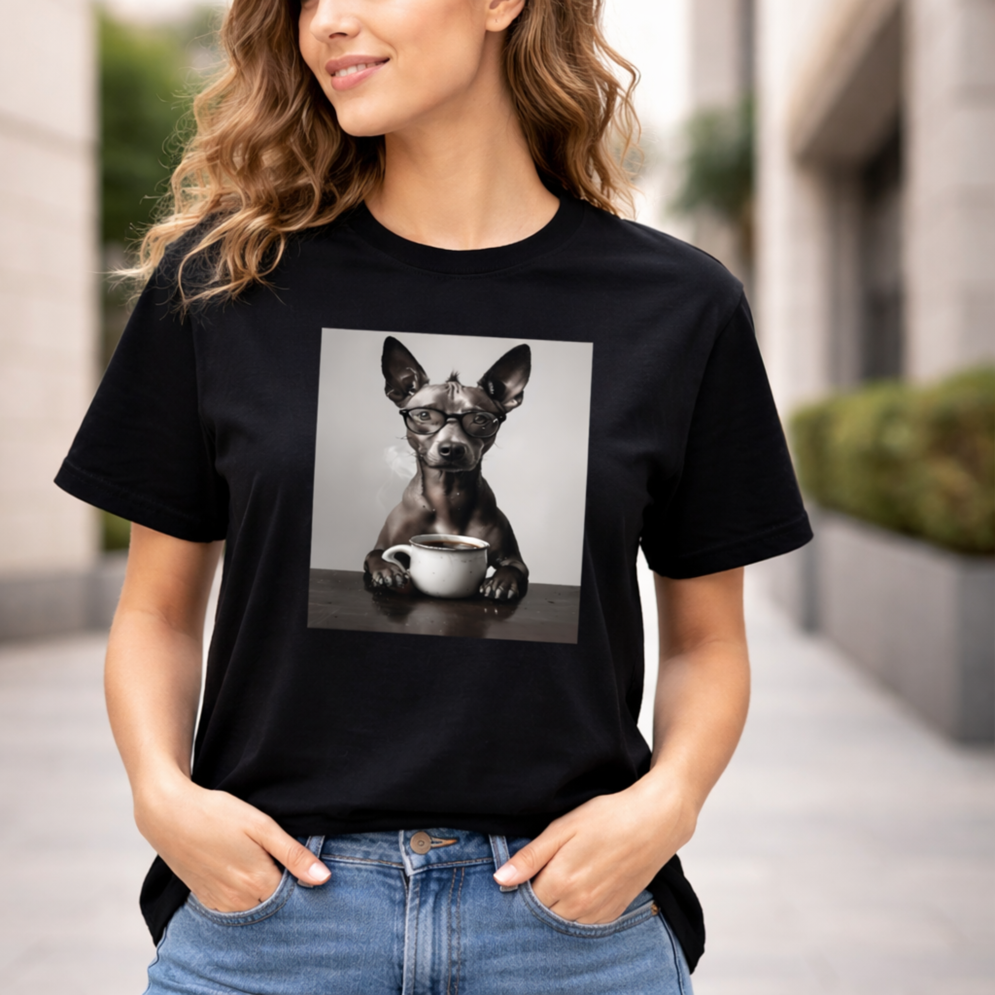 Coffee Dog T‑Shirt — Xolo ( Mexican Hairless) Dog with Glasses and Mug 