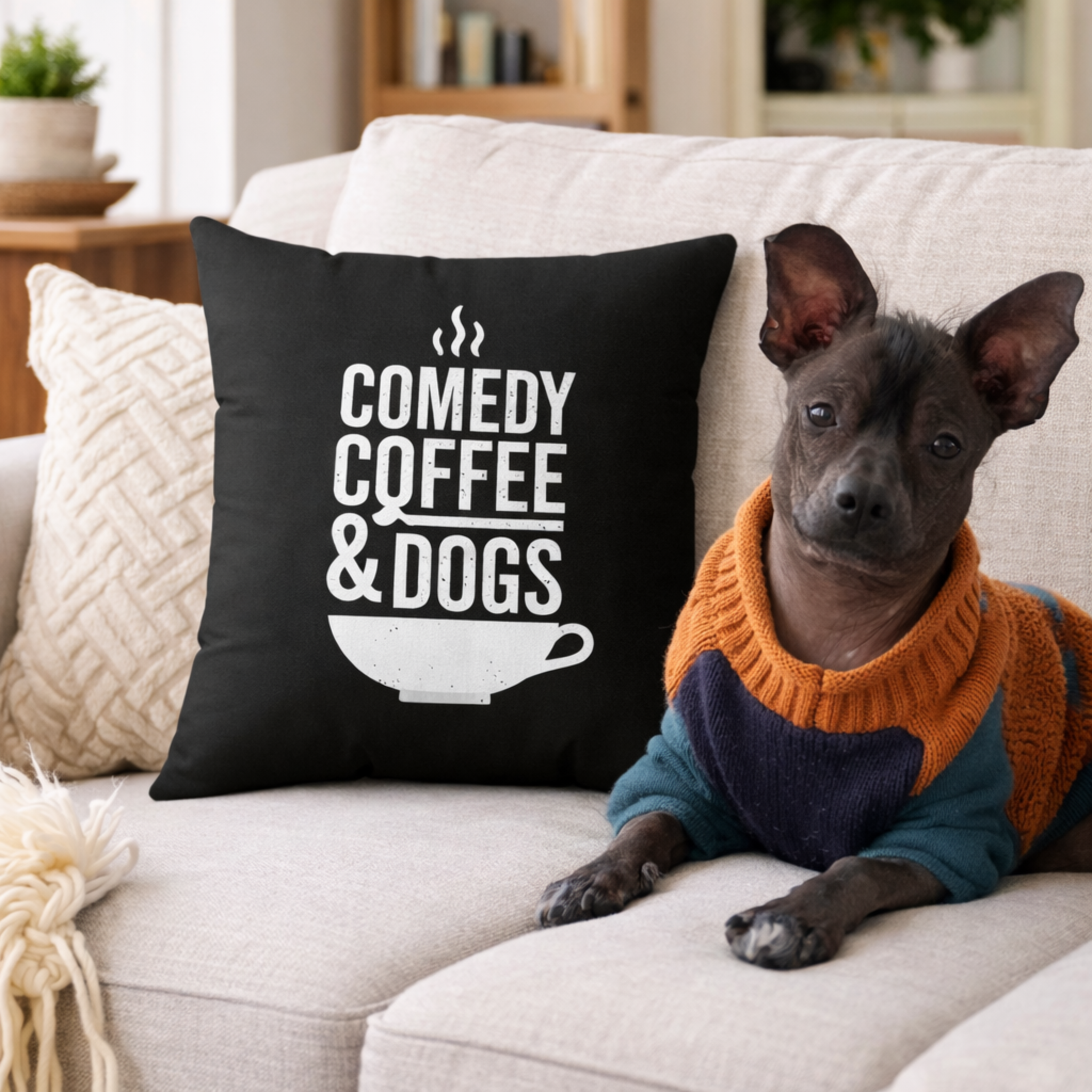 Title: Comedy Coffee &amp; Dogs Throw Pillow – 20x20 Dog Lover Home Decor ☕🐶 product thumbnail image