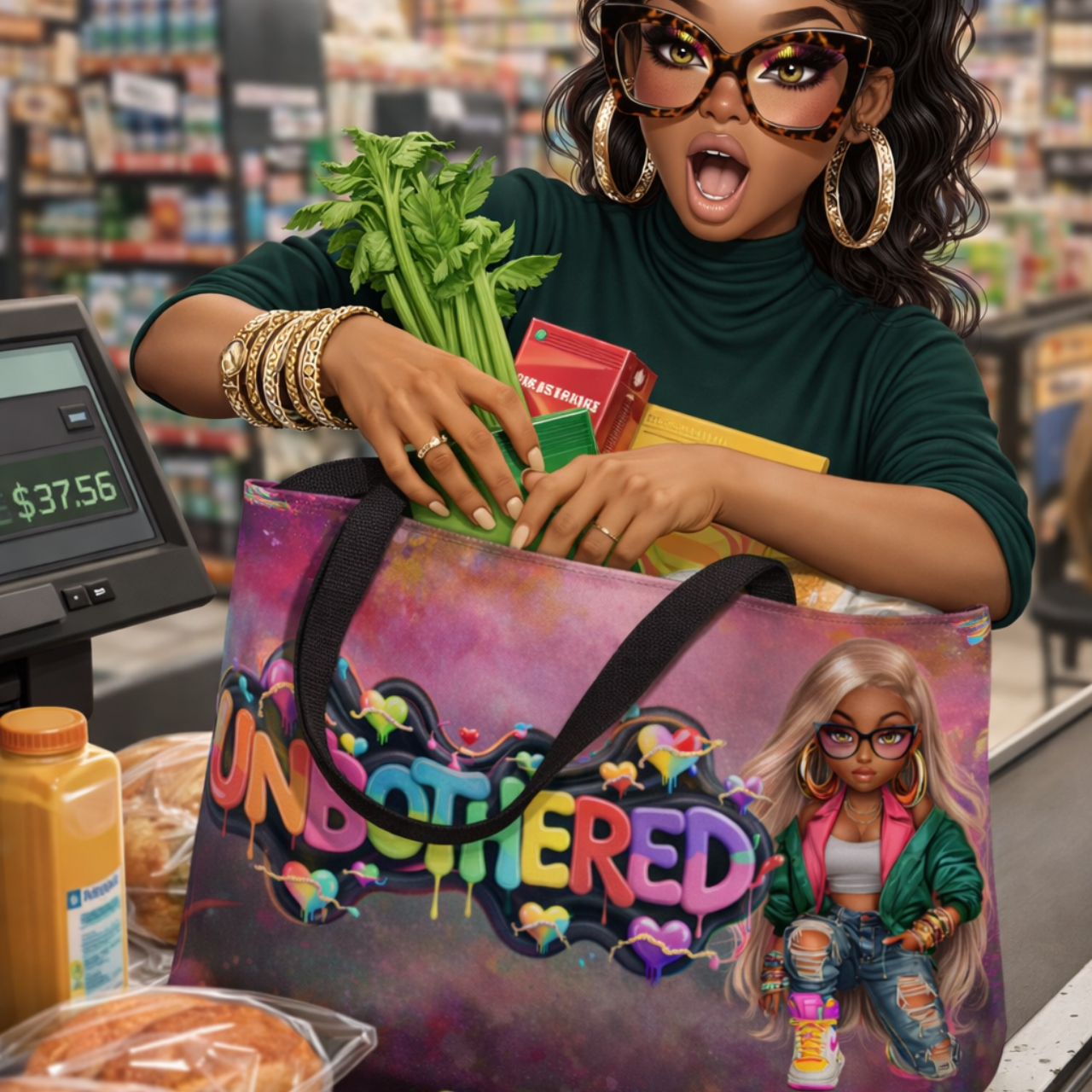 Weekender Tote Bag — "Unbothered" Graphic Tote with Fashion Doll Art product thumbnail image