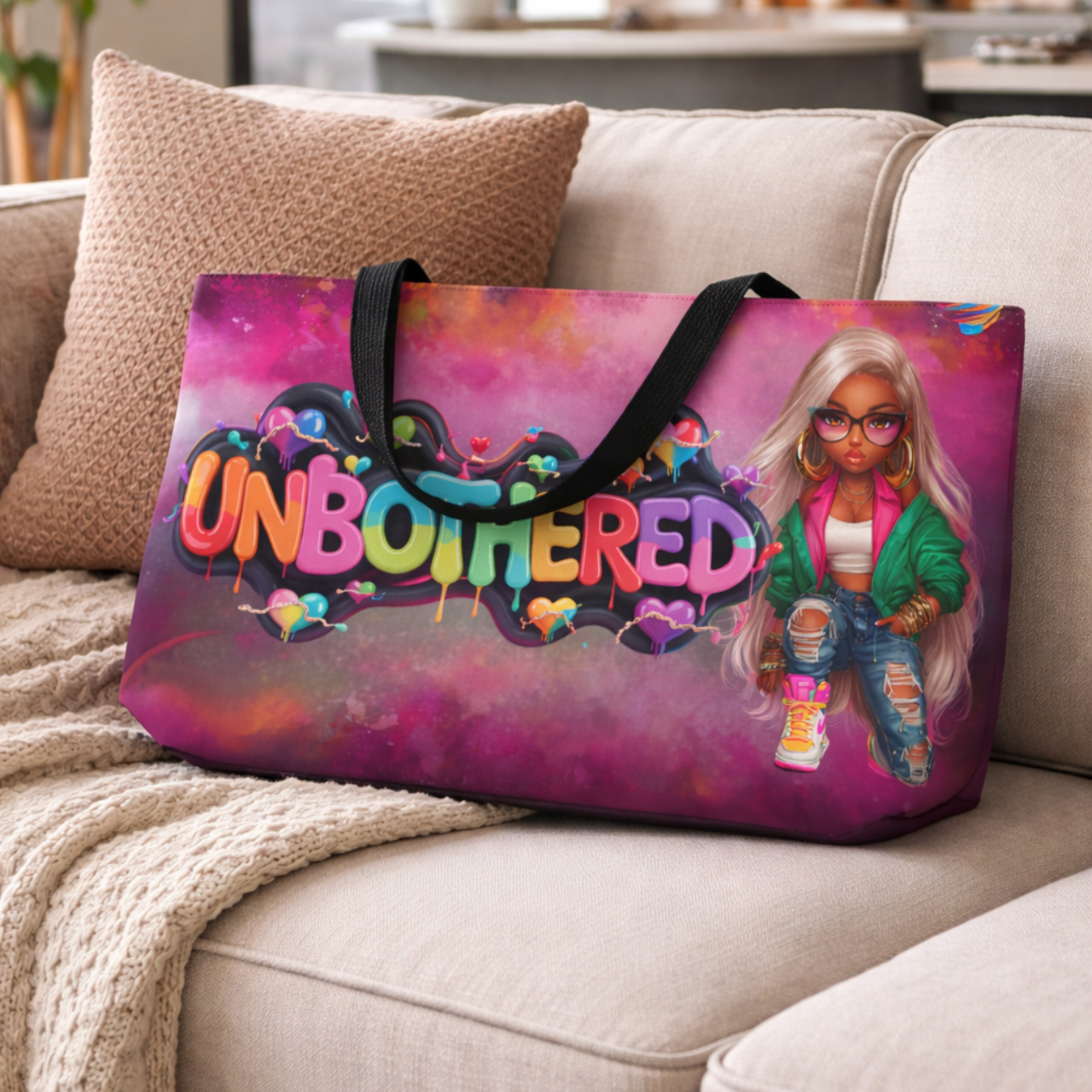Weekender Tote Bag — "Unbothered" Graphic Tote with Fashion Doll Art product thumbnail image Weekender Tote Bag — "Unbothered" Graphic Tote with Fashion Doll Art product thumbnail image