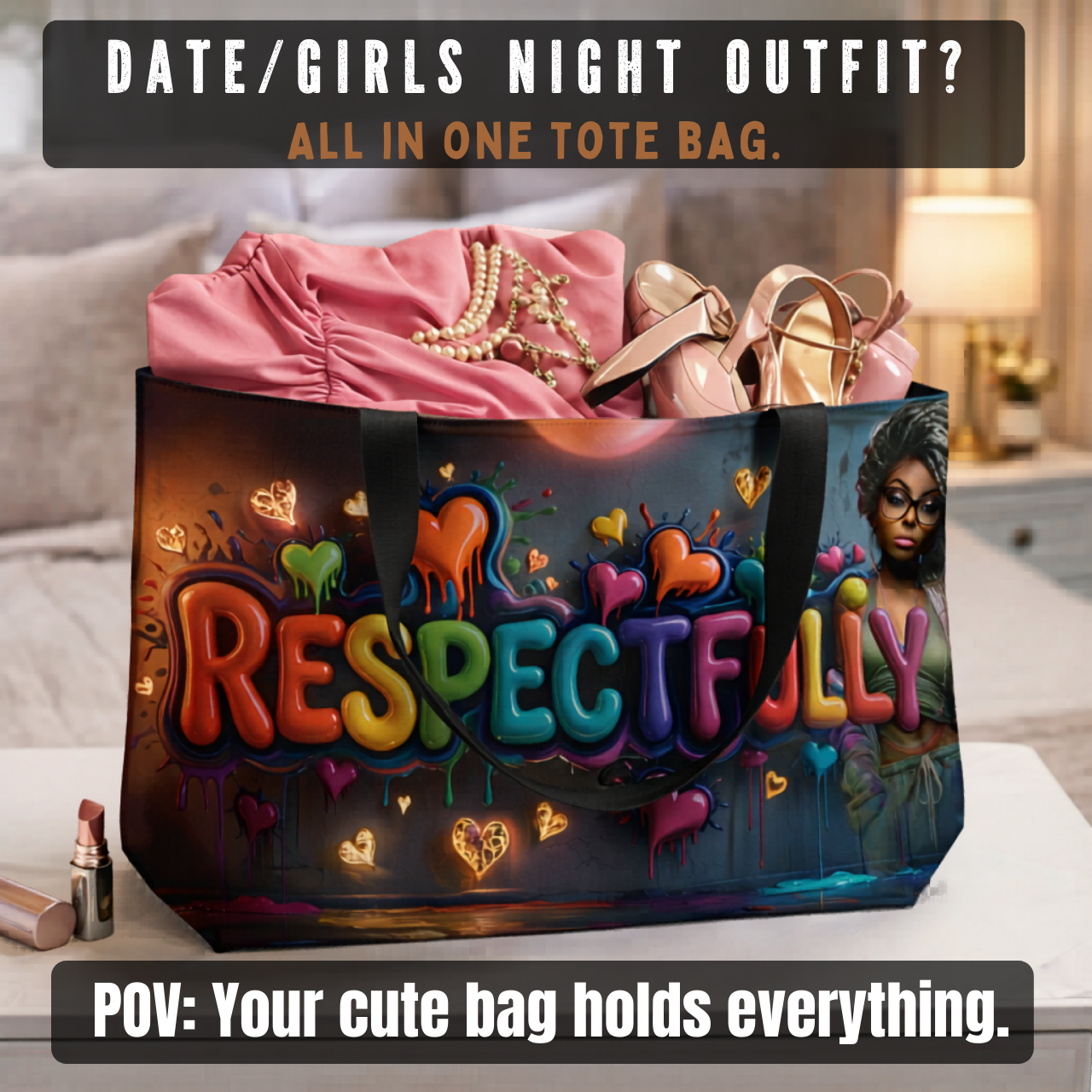 Respectfully Weekender Tote Bag — Colorful Heart Graphic Travel &amp; Beach Bag product thumbnail image