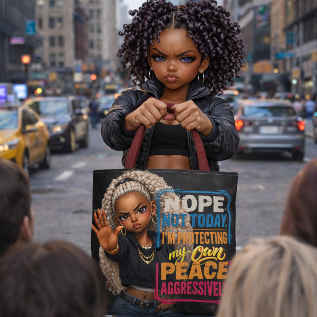 Protecting My Peace Tote Bag — "Nope. Not Today" Afro Girl Graphic product thumbnail image Protecting My Peace Tote Bag — "Nope. Not Today" Afro Girl Graphic product thumbnail image