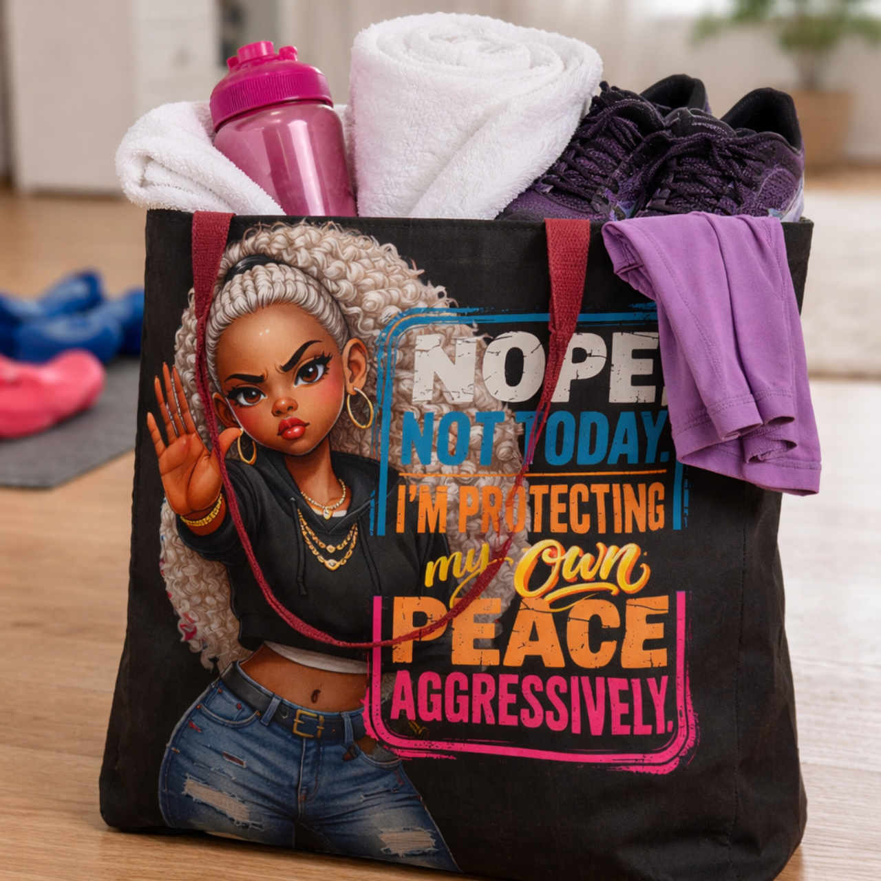 Protecting My Peace Tote Bag — "Nope. Not Today" Afro Girl Graphic product thumbnail image Protecting My Peace Tote Bag — "Nope. Not Today" Afro Girl Graphic product thumbnail image