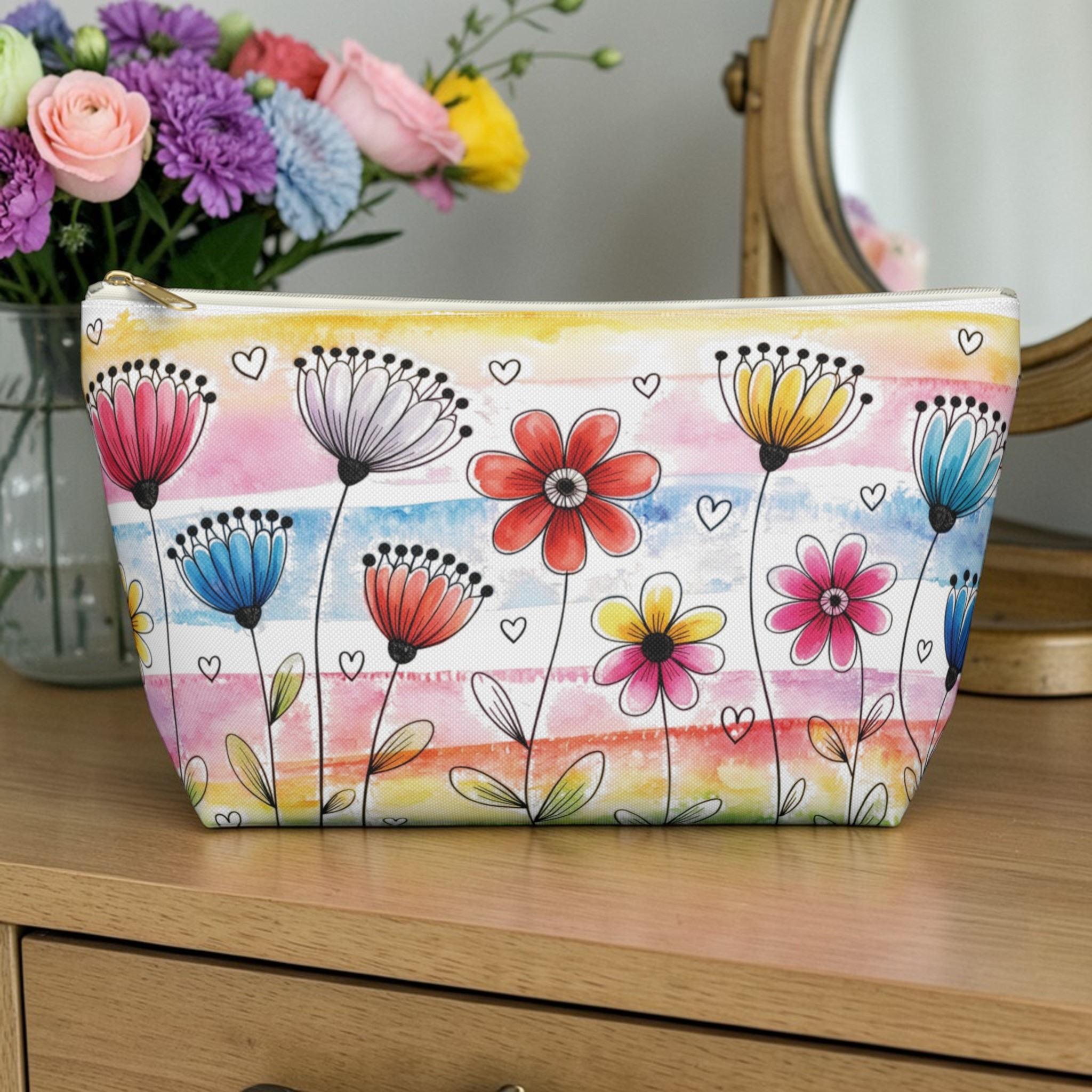 Floral Watercolor Accessory Pouch — Colorful Garden T-Bottom Makeup Bag