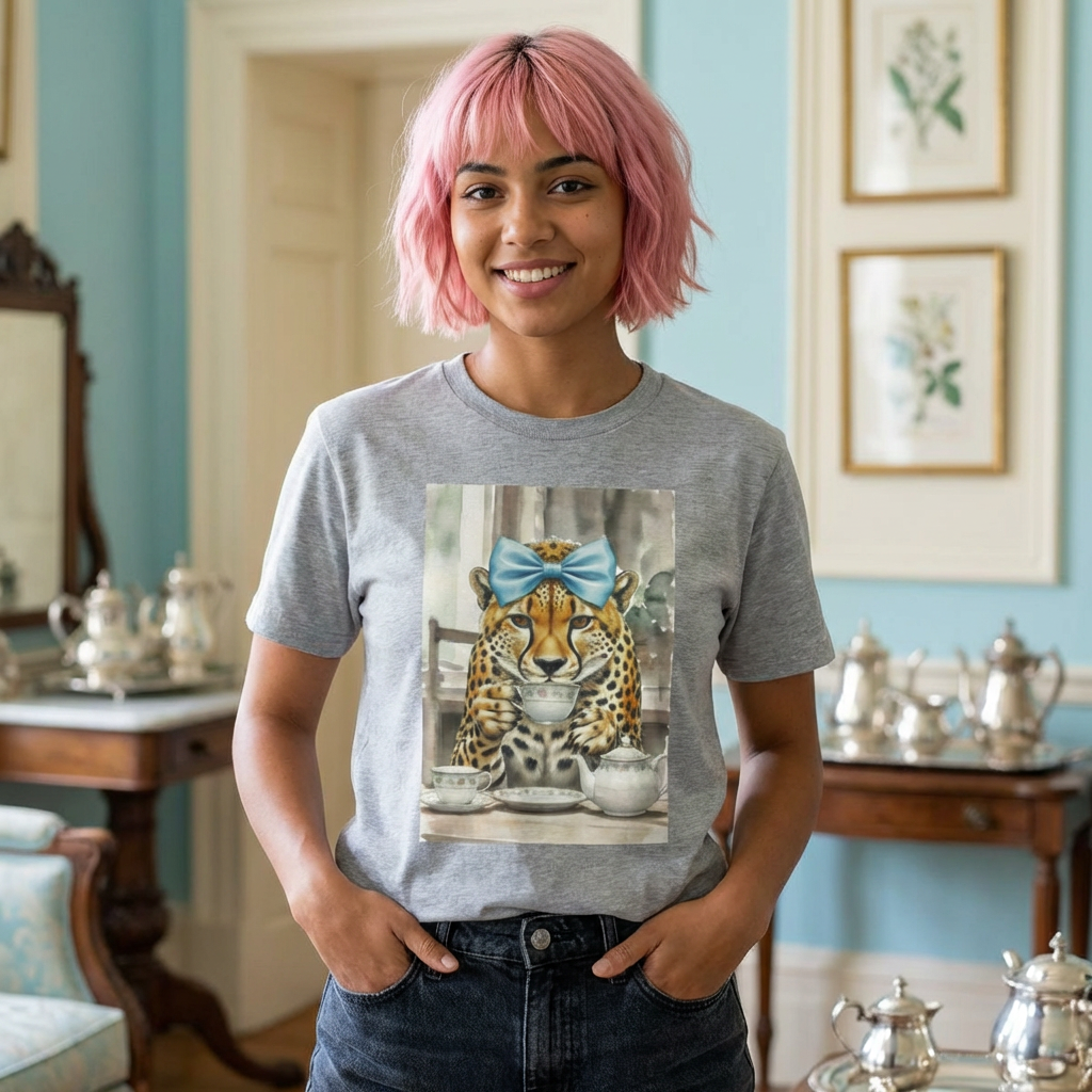 Cheetah Tea Party T‑Shirt — Cute Leopard with Blue Bow Graphic Tee product thumbnail image Cheetah Tea Party T‑Shirt — Cute Leopard with Blue Bow Graphic Tee product thumbnail image