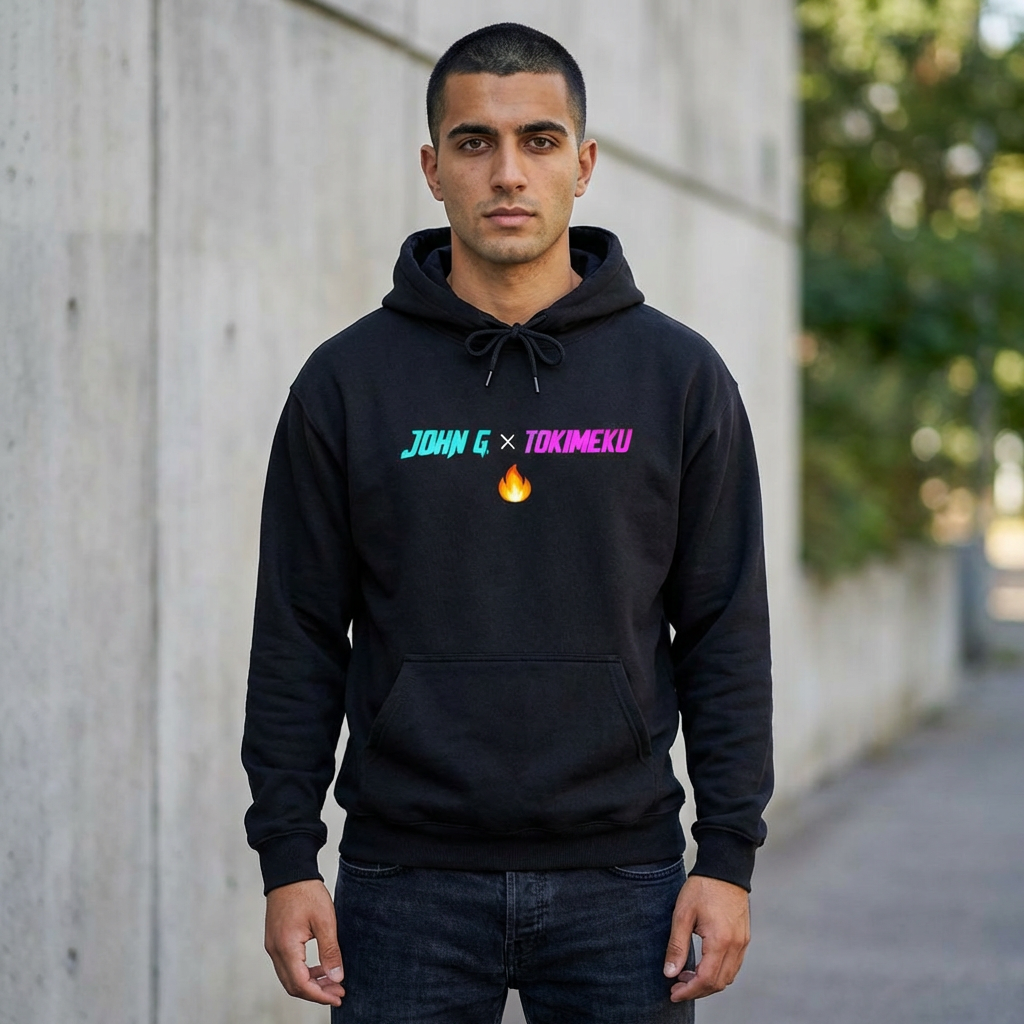 100 Flame Hoodie — 'John G Tokimeku' Retro Neon Graphic Sweatshirt product thumbnail image