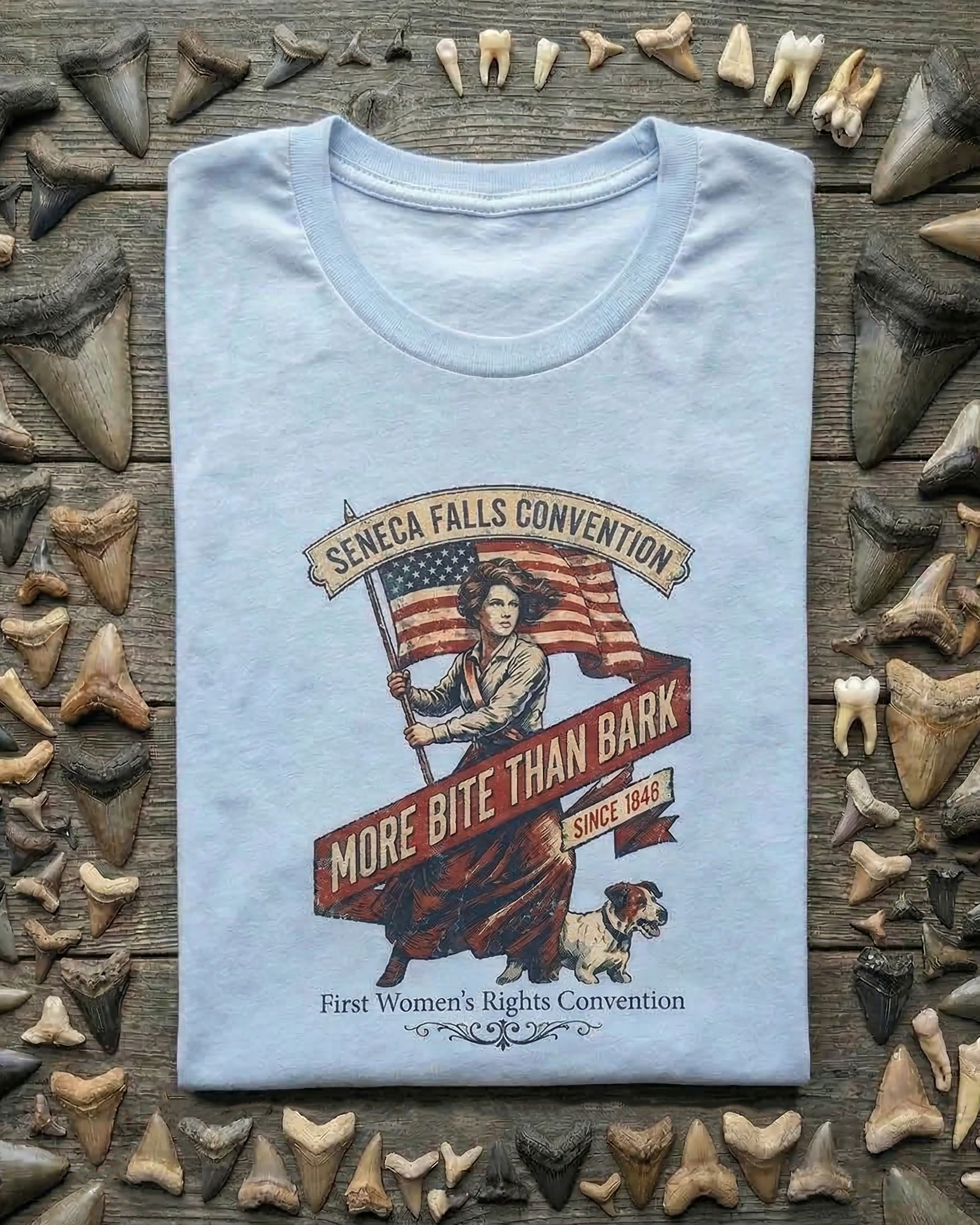 Seneca Falls 1848: More Bite Than Bark Distressed Tee - Bad Dog Vintage Patriotic Design product thumbnail image Seneca Falls 1848: More Bite Than Bark Distressed Tee - Bad Dog Vintage Patriotic Design product thumbnail image