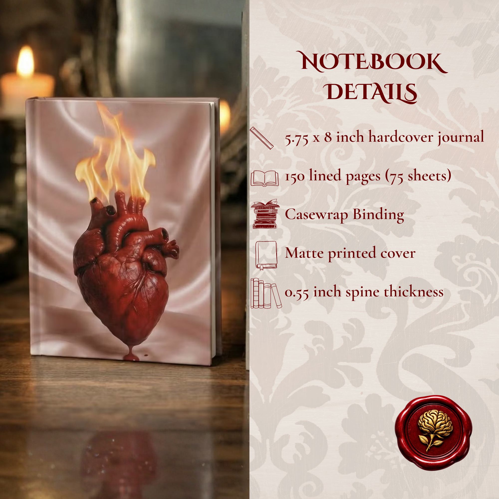 Sacred Heart Flame Journal | Dark Feminine Spiritual Notebook | Occult Aesthetic Writing Journal | Mystical Diary product thumbnail image