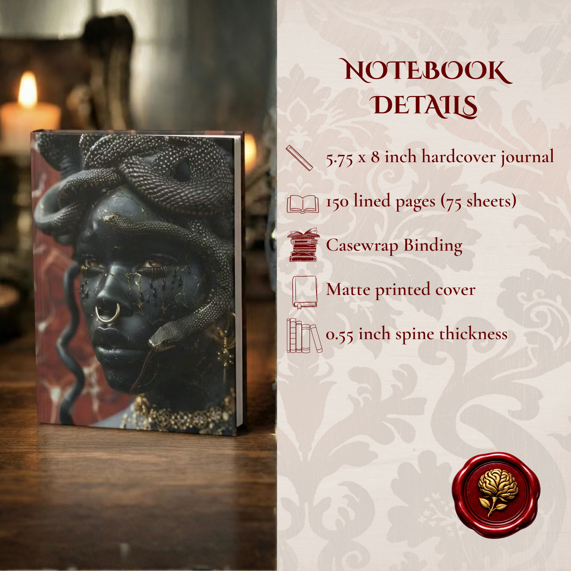 Black Medusa Journal | Dark Feminine Mythology Notebook | Spiritual Transformation Writing Journal | Medusa Aesthetic Diary product thumbnail image