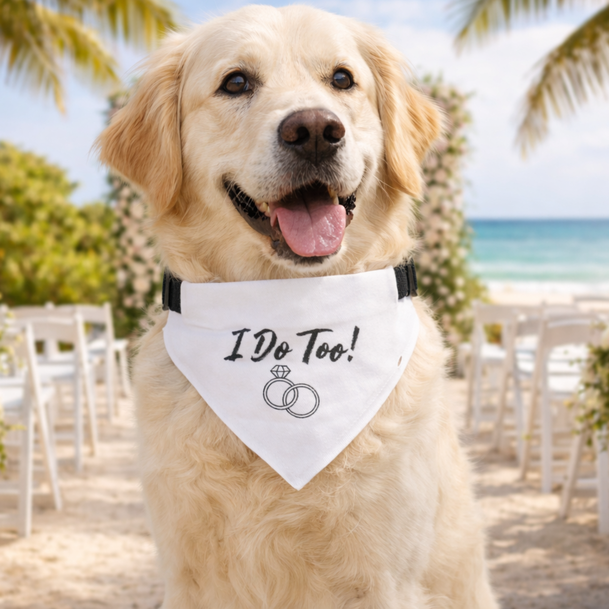 Clip-on Pet Bandana — "I Do Too!" Wedding Dog Bandana with Rings