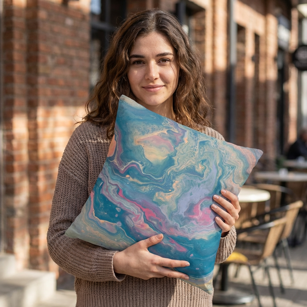 The Tam- Abstract Marble Square Pillow — Pink &amp; Teal Fluid Art Decorative Cushion