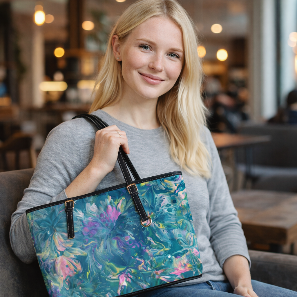 Water Lily- Floral Abstract PU Leather Shoulder Bag — Teal Swirl Tote