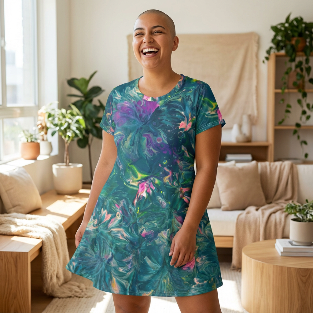 Water Lily- Floral Marble T-Shirt Dress — Teal Swirl All-Over Print product thumbnail image