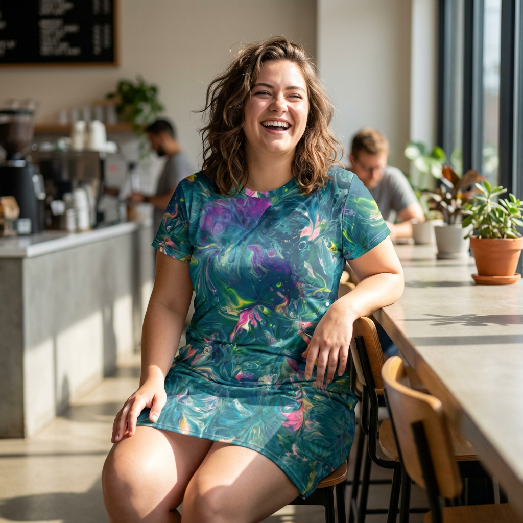Water Lily- Floral Marble T-Shirt Dress — Teal Swirl All-Over Print