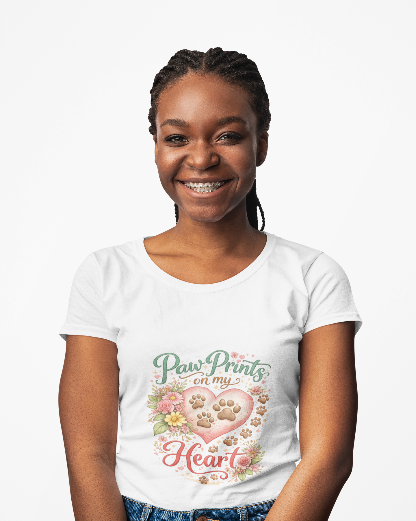 Paw Prints on My Heart Ladies' V-Neck T-Shirt — Floral Dog Lover Tee