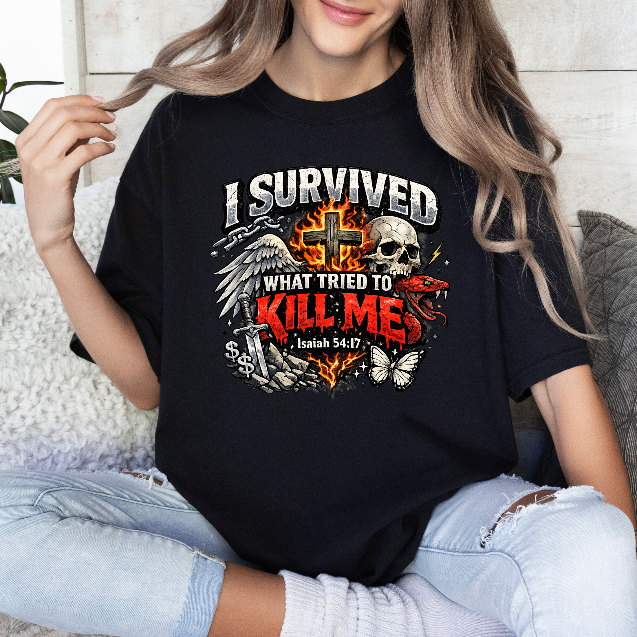 I Survived What Tried to Kill Me T-Shirt — Christian Faith Skull Cross Graphic Tee product thumbnail image I Survived What Tried to Kill Me T-Shirt — Christian Faith Skull Cross Graphic Tee product thumbnail image
